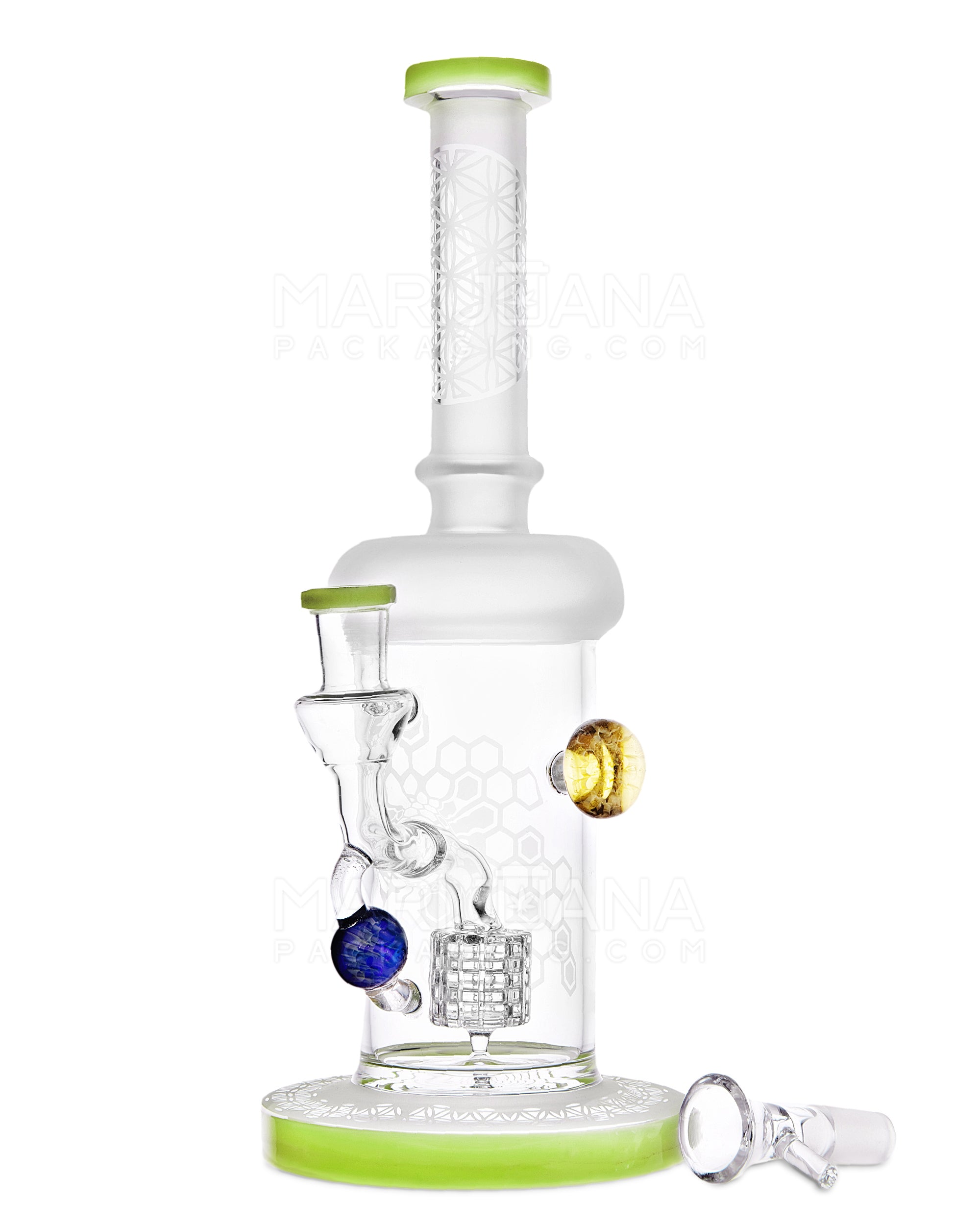USA Glass | Straight Neck Matrix Perc Sandblasted Glass Water Pipe w/ Implosion Marbles | 11in Tall - 14mm Bowl - Slime - 2