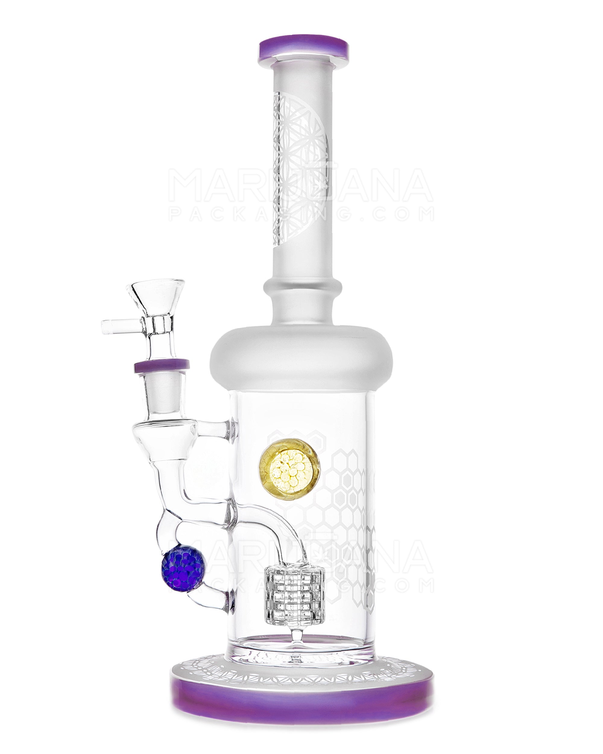 USA Glass | Straight Neck Matrix Perc Sandblasted Glass Water Pipe w/ Implosion Marbles | 11in Tall - 14mm Bowl - Purple - 1