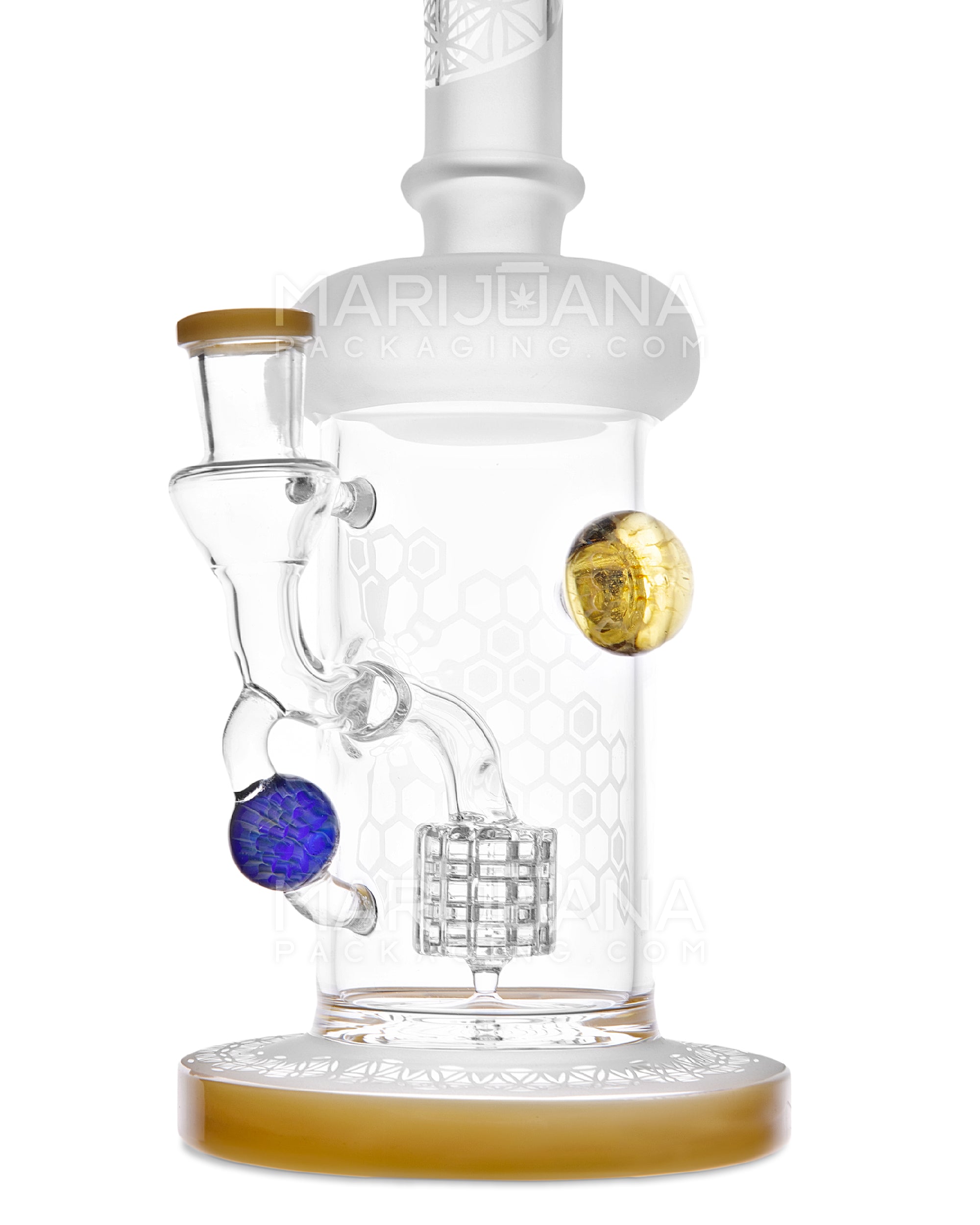 USA Glass | Straight Neck Matrix Perc Sandblasted Glass Water Pipe w/ Implosion Marbles | 11in Tall - 14mm Bowl - Yellow - 3