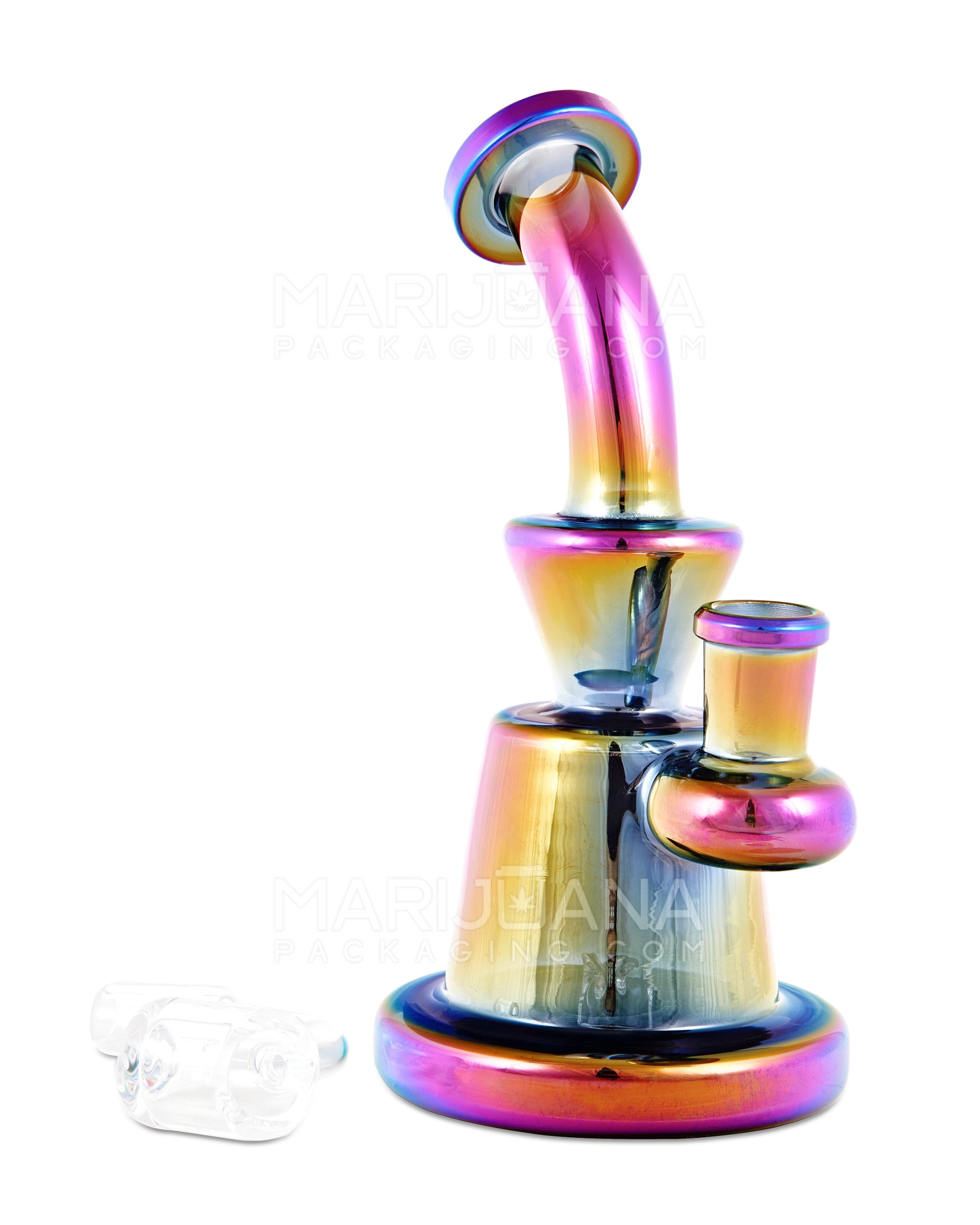 Bent Neck Iridescent Glass Baker Dab Rig | 6in Tall - 14mm Banger - Rainbow - 2