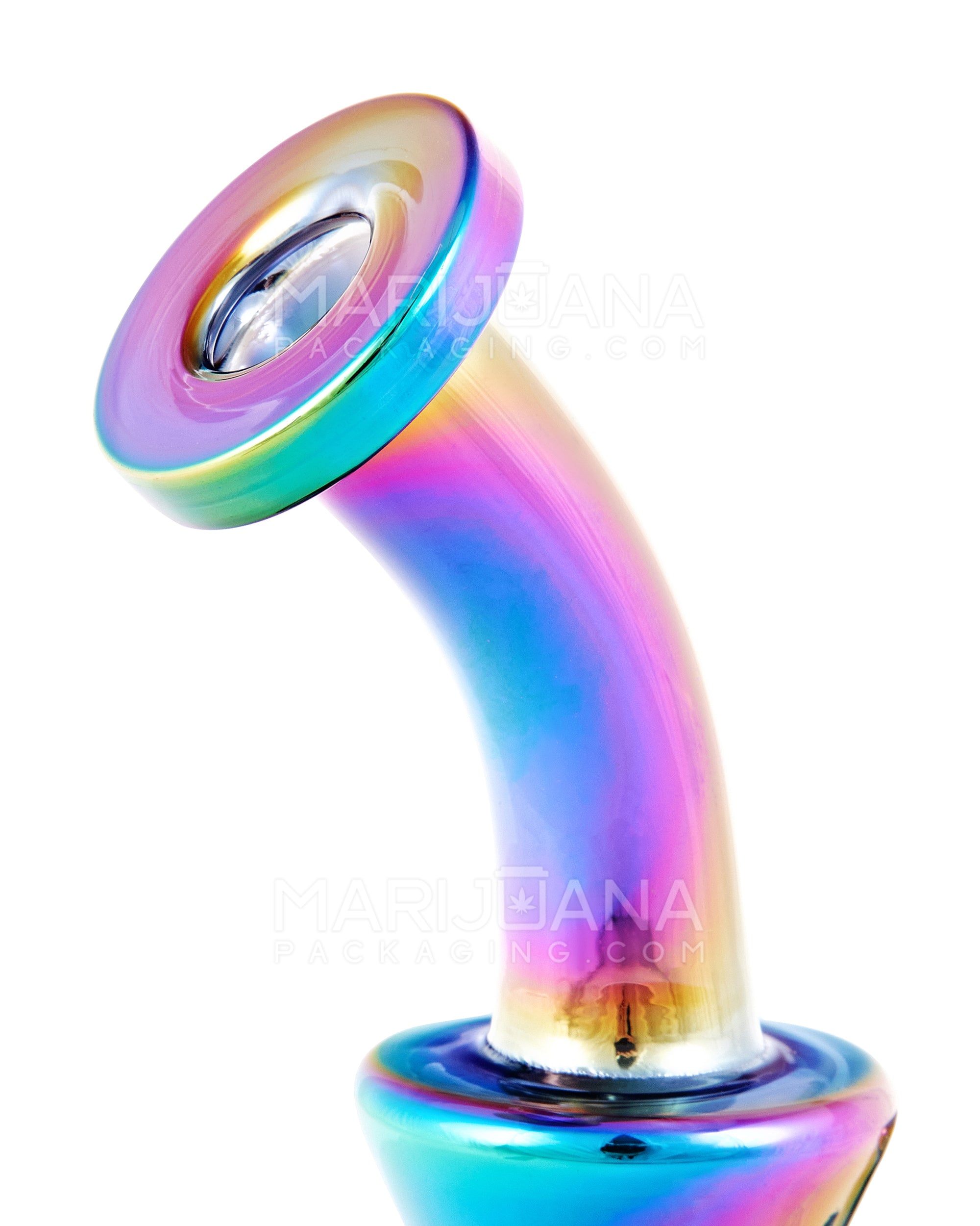 Bent Neck Iridescent Glass Baker Dab Rig | 6in Tall - 14mm Banger - Rainbow - 4