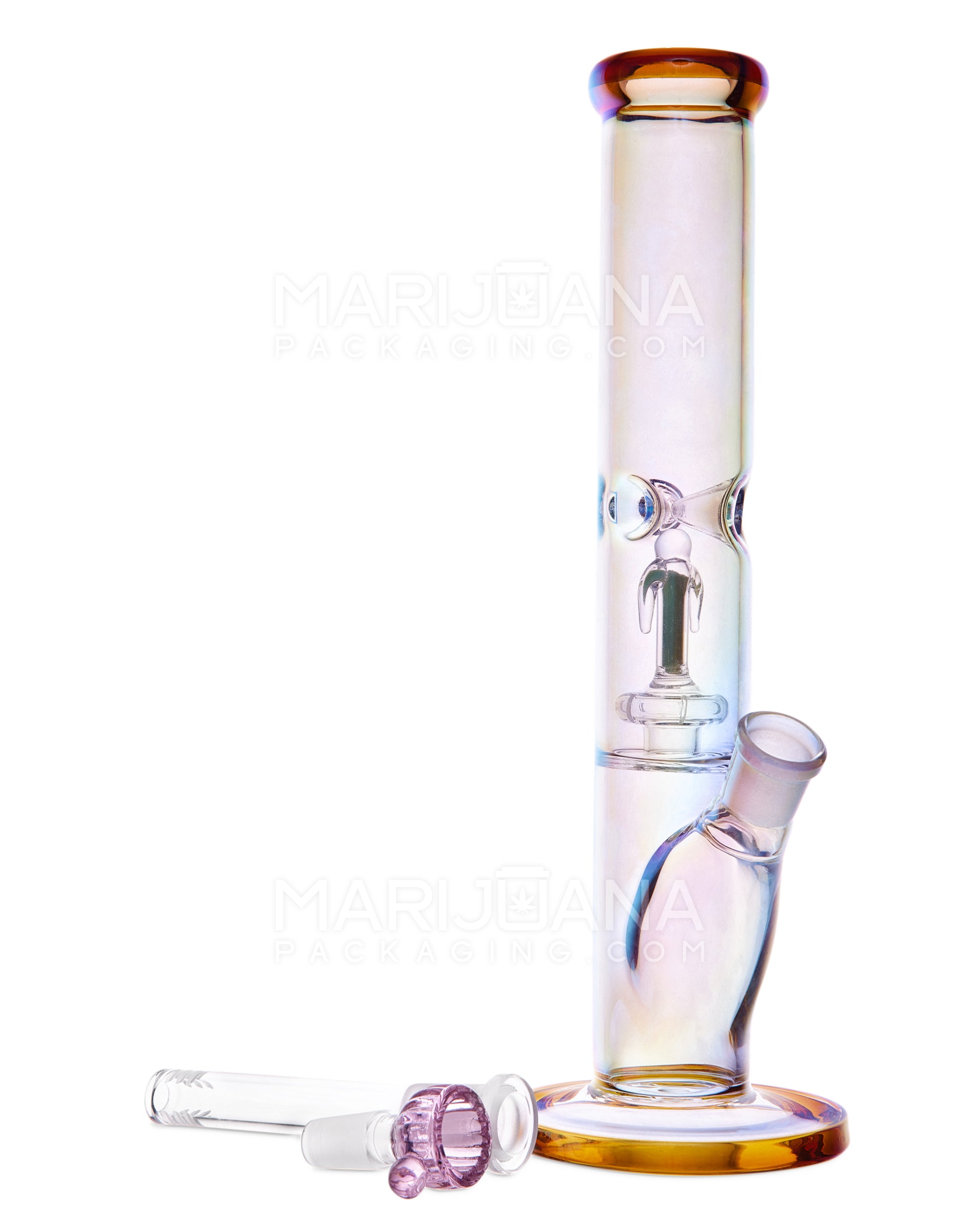 Iridescent Space UFO Perc Glass Water Pipe | 12in Tall - 14mm Bowl - Amber - 2