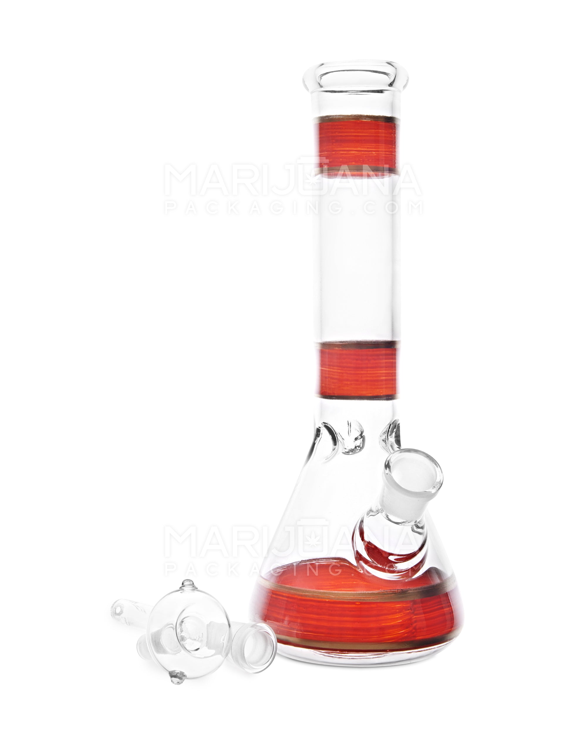 Straight Neck Painted Stripe Glass Beaker Water Pipe w/ Ice Catcher | 10.5in Tall - 14mm Bowl - Red
