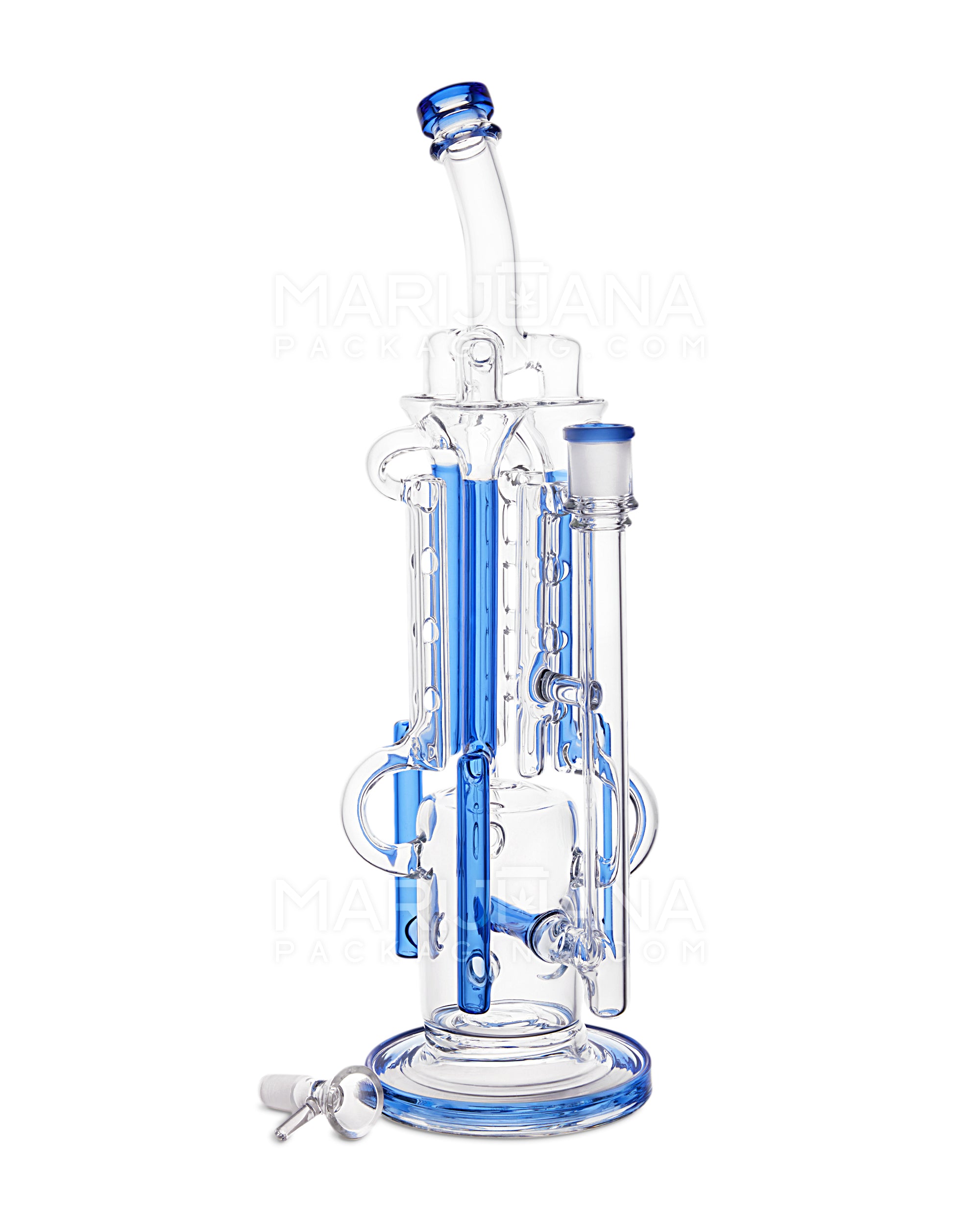 USA Glass | Bent Neck Inline Perc Six Recycler Pillar Tower Water Pipe w/ Thick Base | 14.5in Tall - 14mm Bowl - Blue - 2