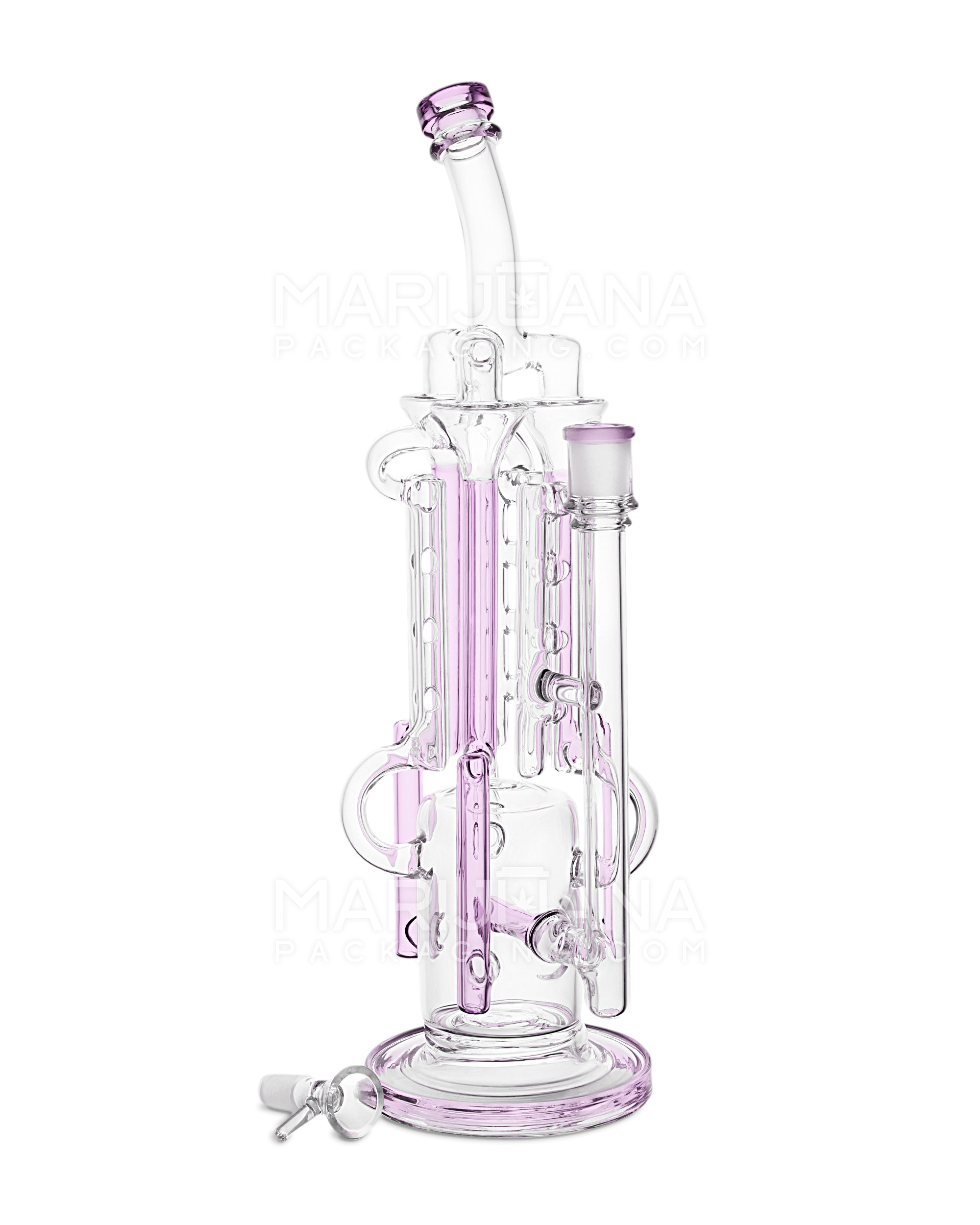 USA Glass | Bent Neck Inline Perc Six Recycler Pillar Tower Water Pipe w/ Thick Base | 14.5in Tall - 14mm Bowl - Pink