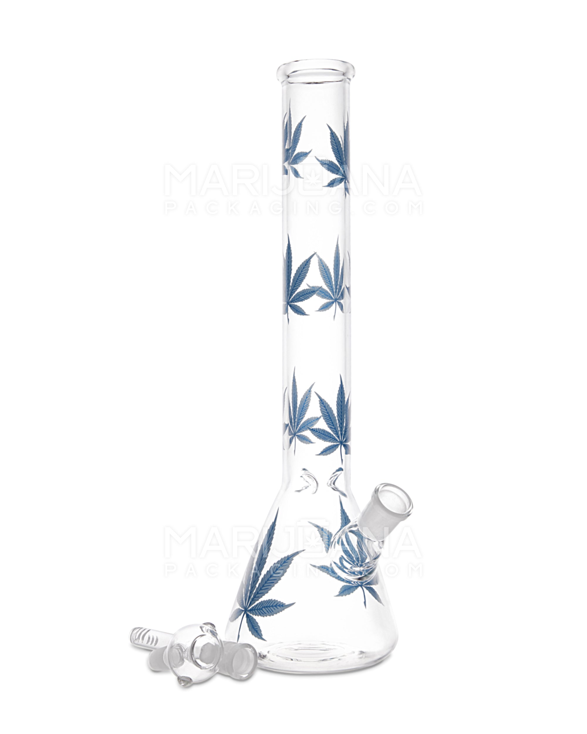 Straight Neck Leaf Decal Glass Beaker Water Pipe w/ Ice Catcher | 14in Tall - 14mm Bowl - Blue