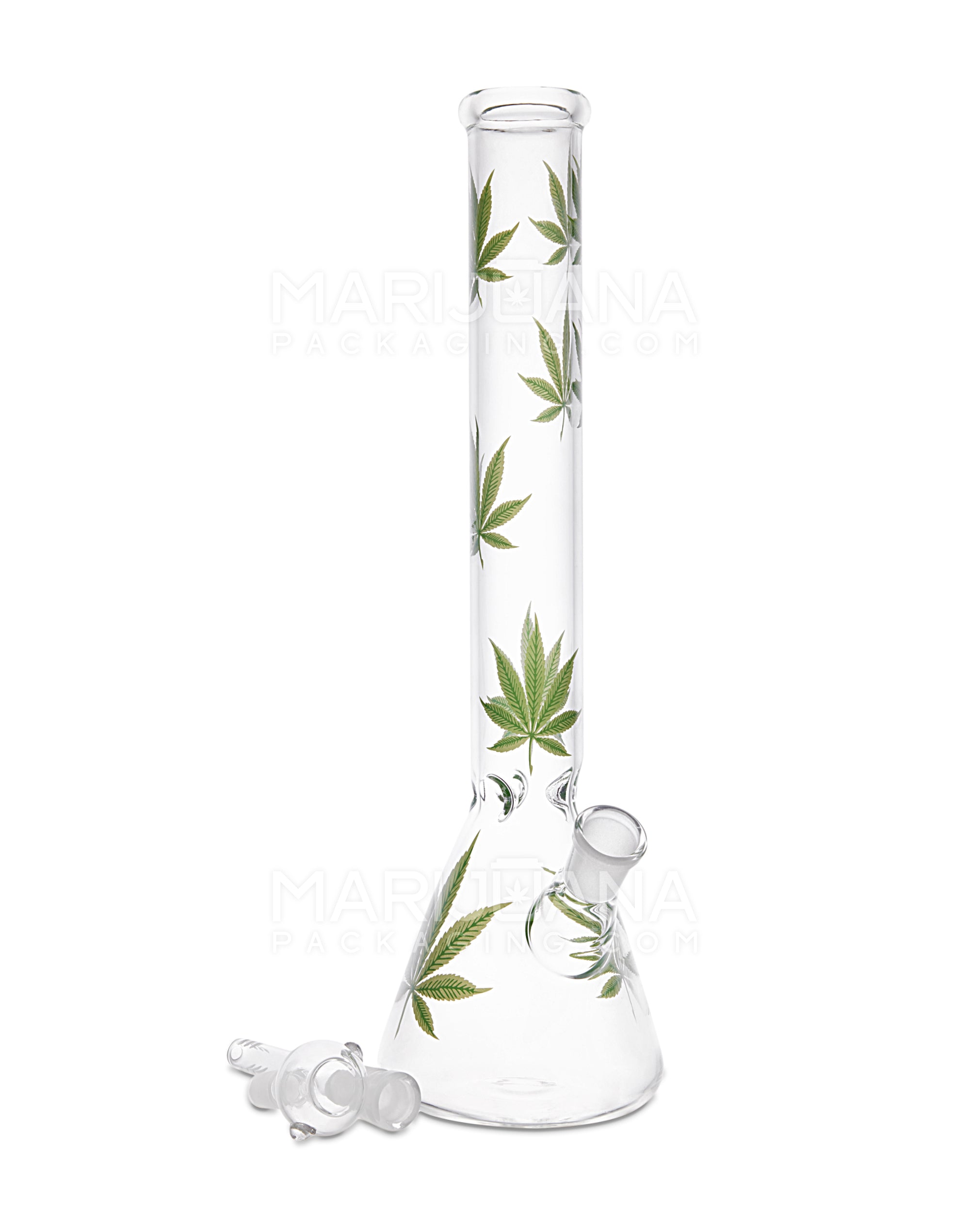 Straight Neck Leaf Decal Glass Beaker Water Pipe w/ Ice Catcher | 14in Tall - 14mm Bowl - Green