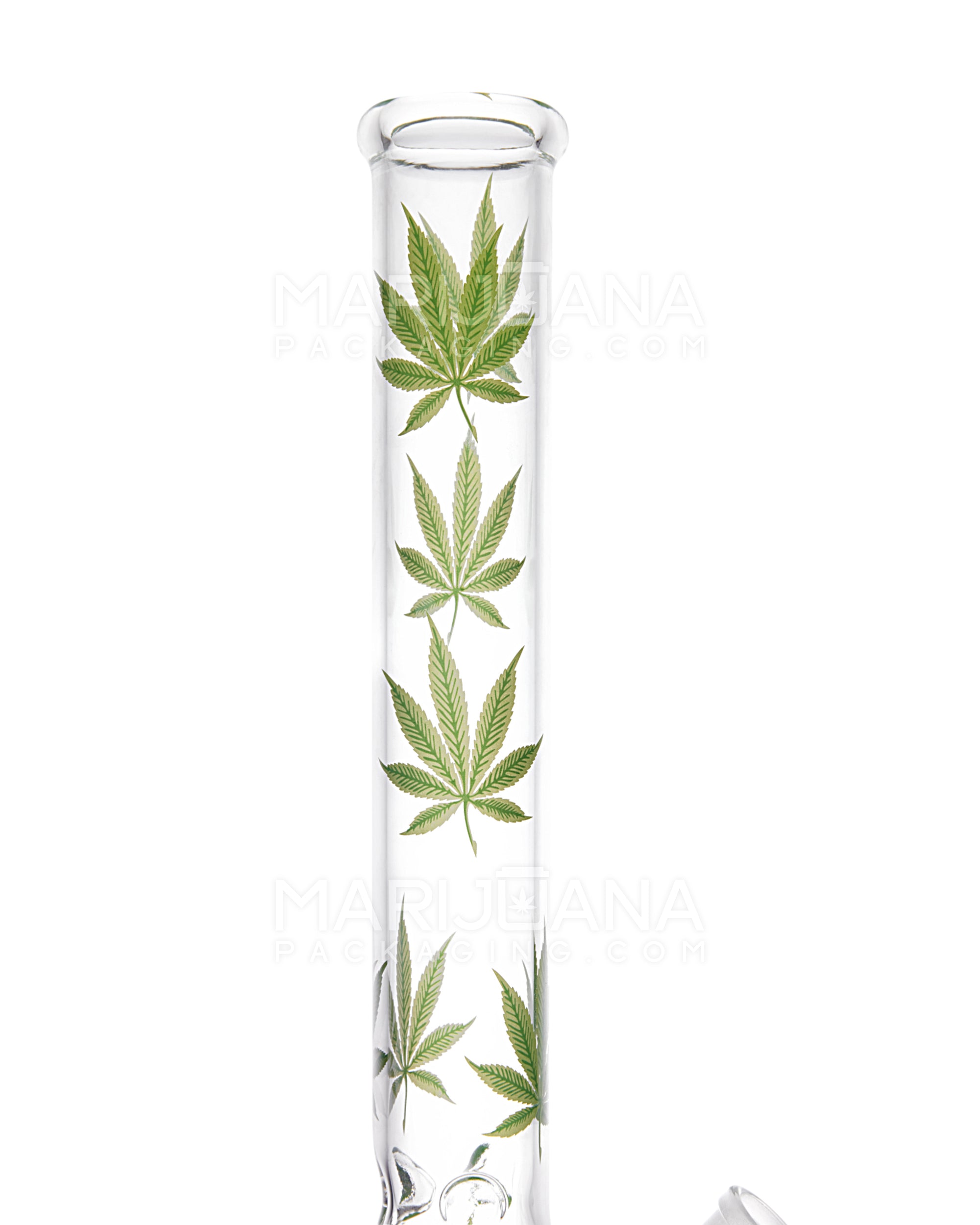 Straight Neck Leaf Decal Glass Beaker Water Pipe w/ Ice Catcher | 14in Tall - 14mm Bowl - Green