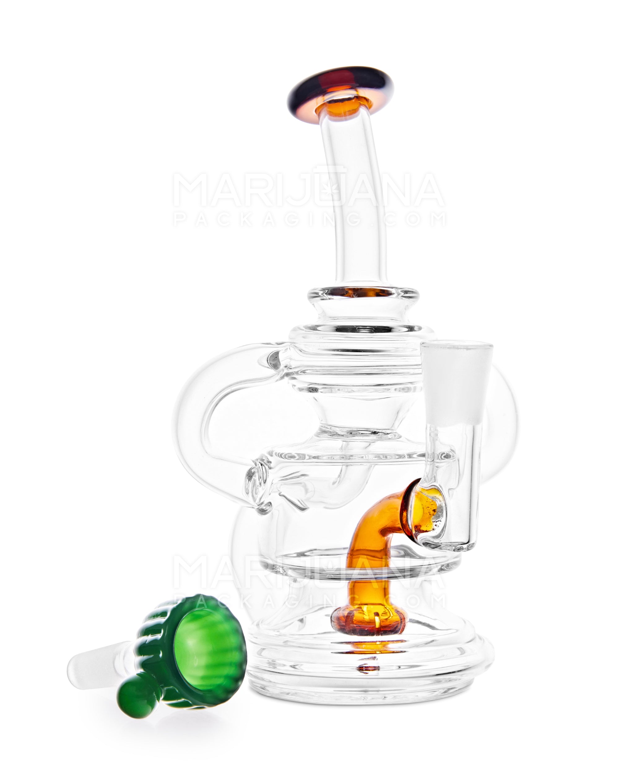 USA Glass | Bent Neck Dual Uptake Recycler Water Pipe w/ Showerhead Perc | 5.5in Tall - 10mm Bowl - Amber