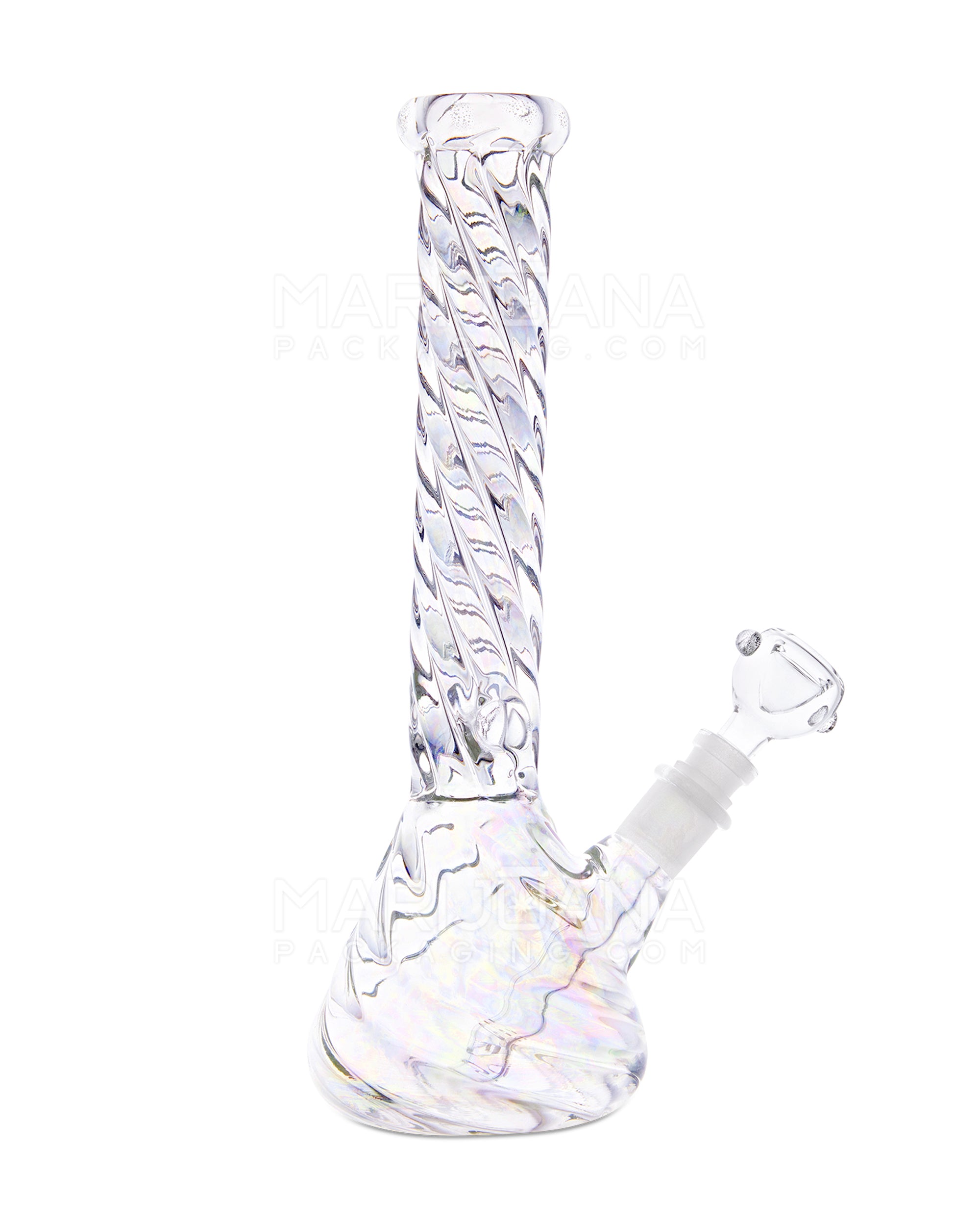 Straight Neck Iridescent Twisted Glass Beaker Water Pipe | 10.5in Tall - 14mm Bowl - Clear