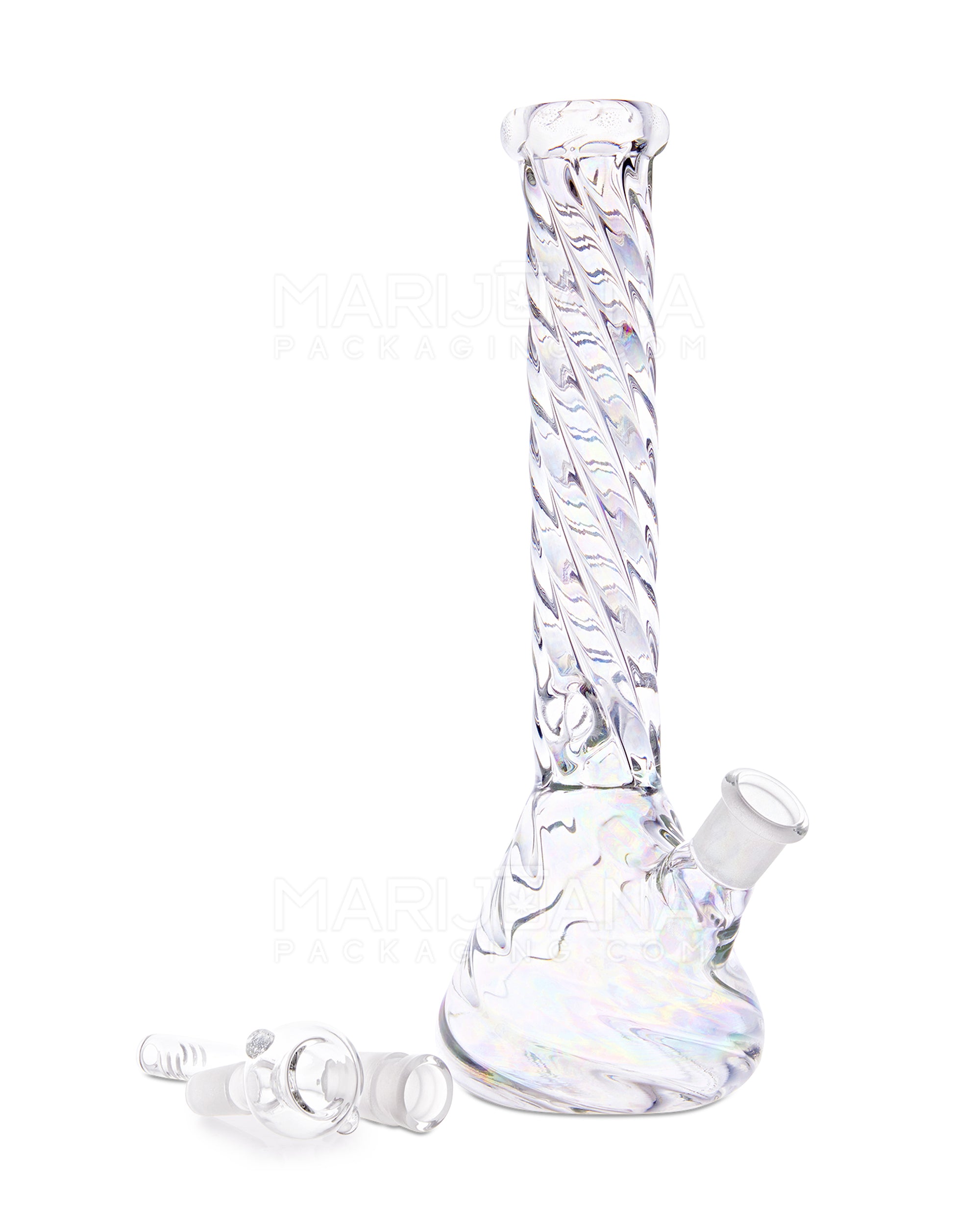 Straight Neck Iridescent Twisted Glass Beaker Water Pipe | 10.5in Tall - 14mm Bowl - Clear