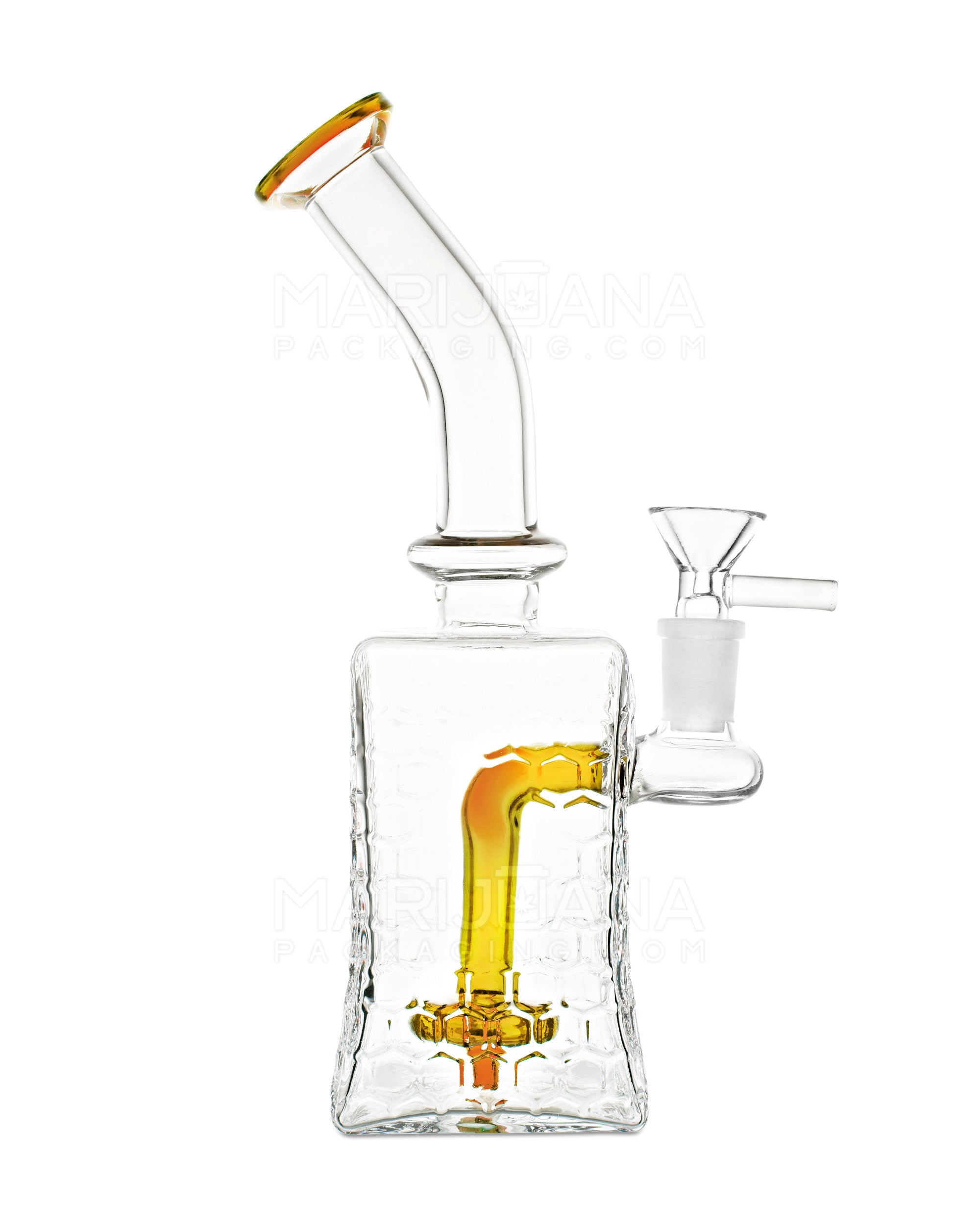 Bent Neck Honeycomb Speckled Square Glass Water Pipe w/ Showerhead Perc | 9in Tall - 14mm Bowl - Amber