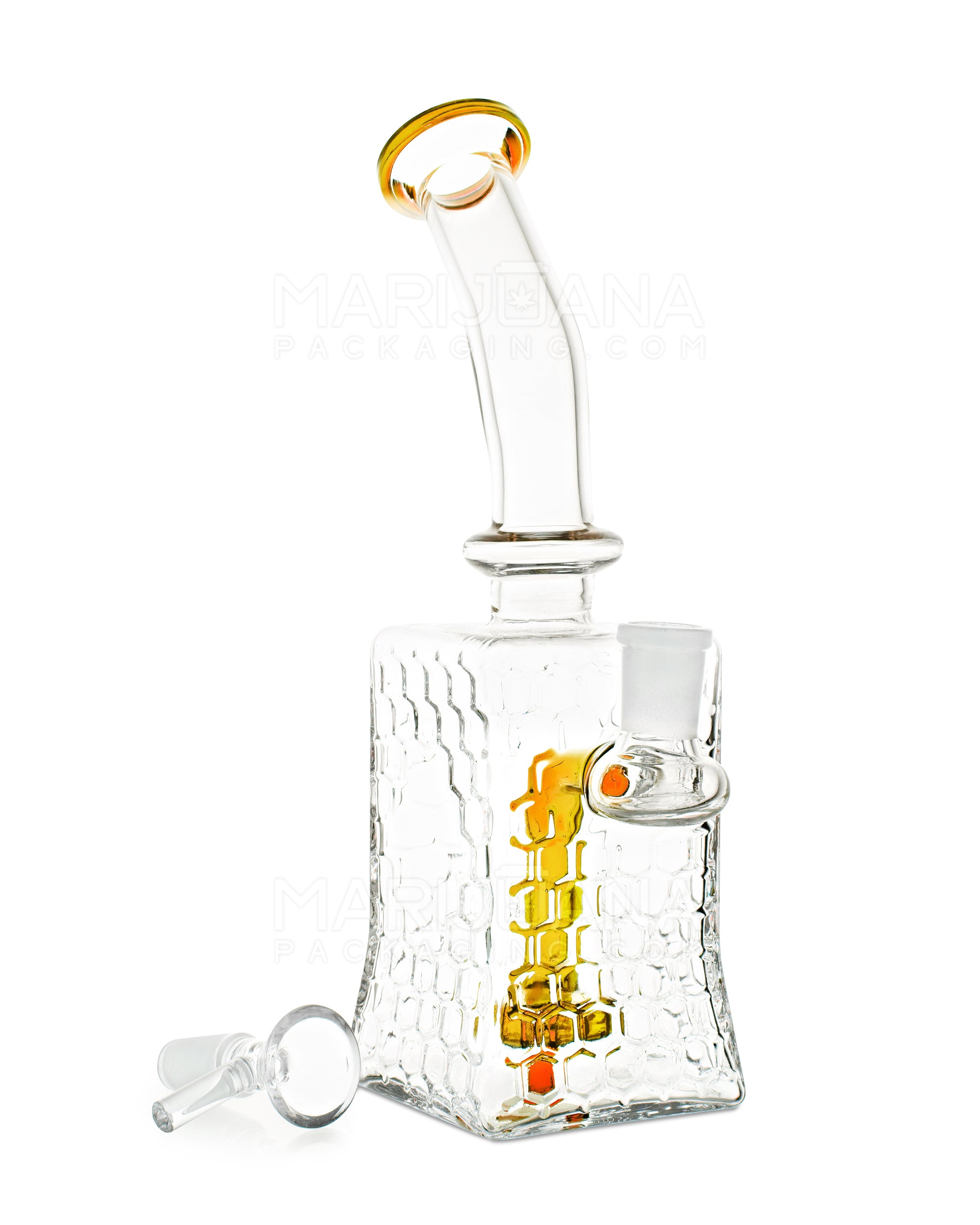 Bent Neck Honeycomb Speckled Square Glass Water Pipe w/ Showerhead Perc | 9in Tall - 14mm Bowl - Amber