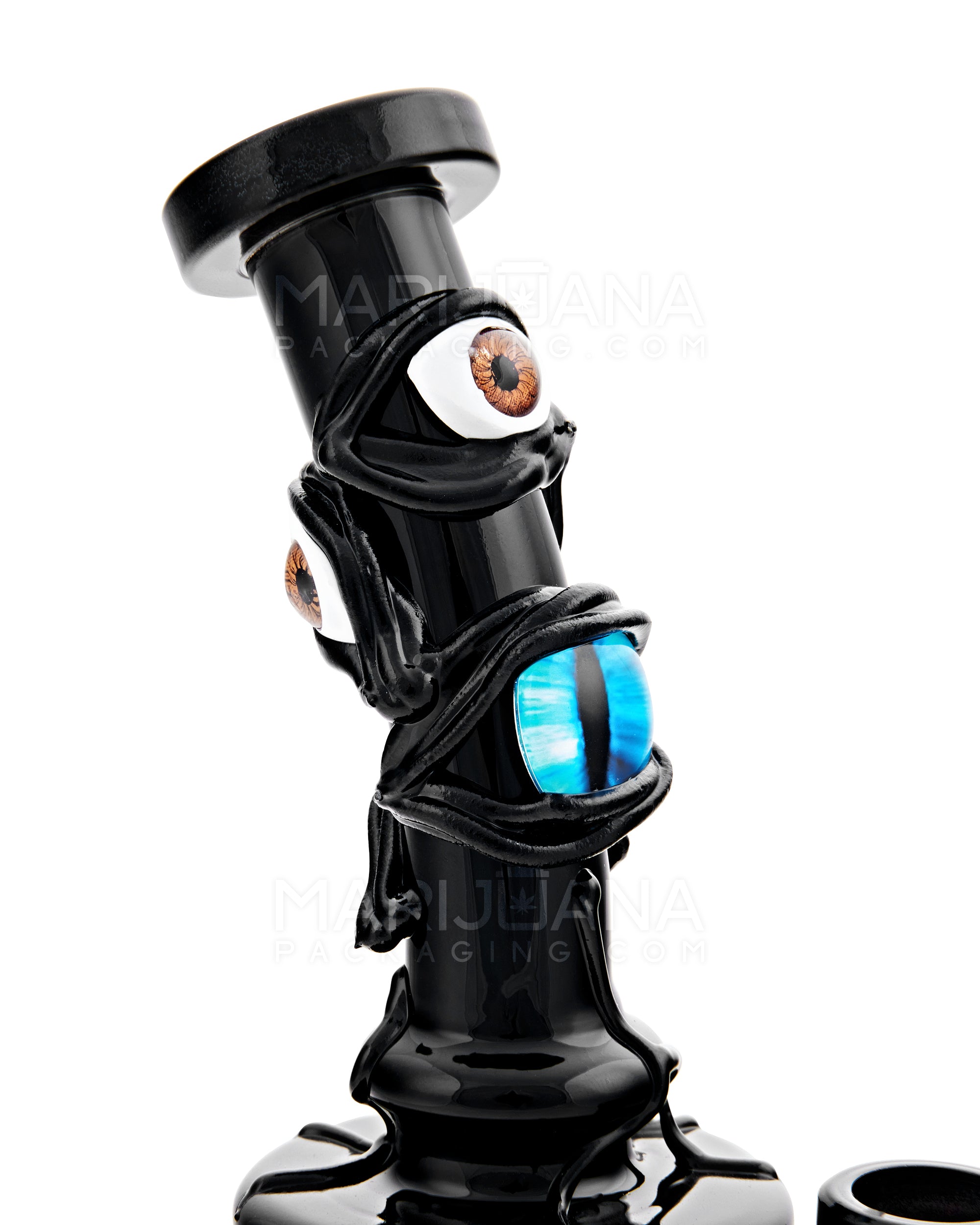 Bent Neck Demon Eyes Glass Beaker Water Pipe w/ Showerhead Perc | 7in Tall - 14mm Bowl - Black