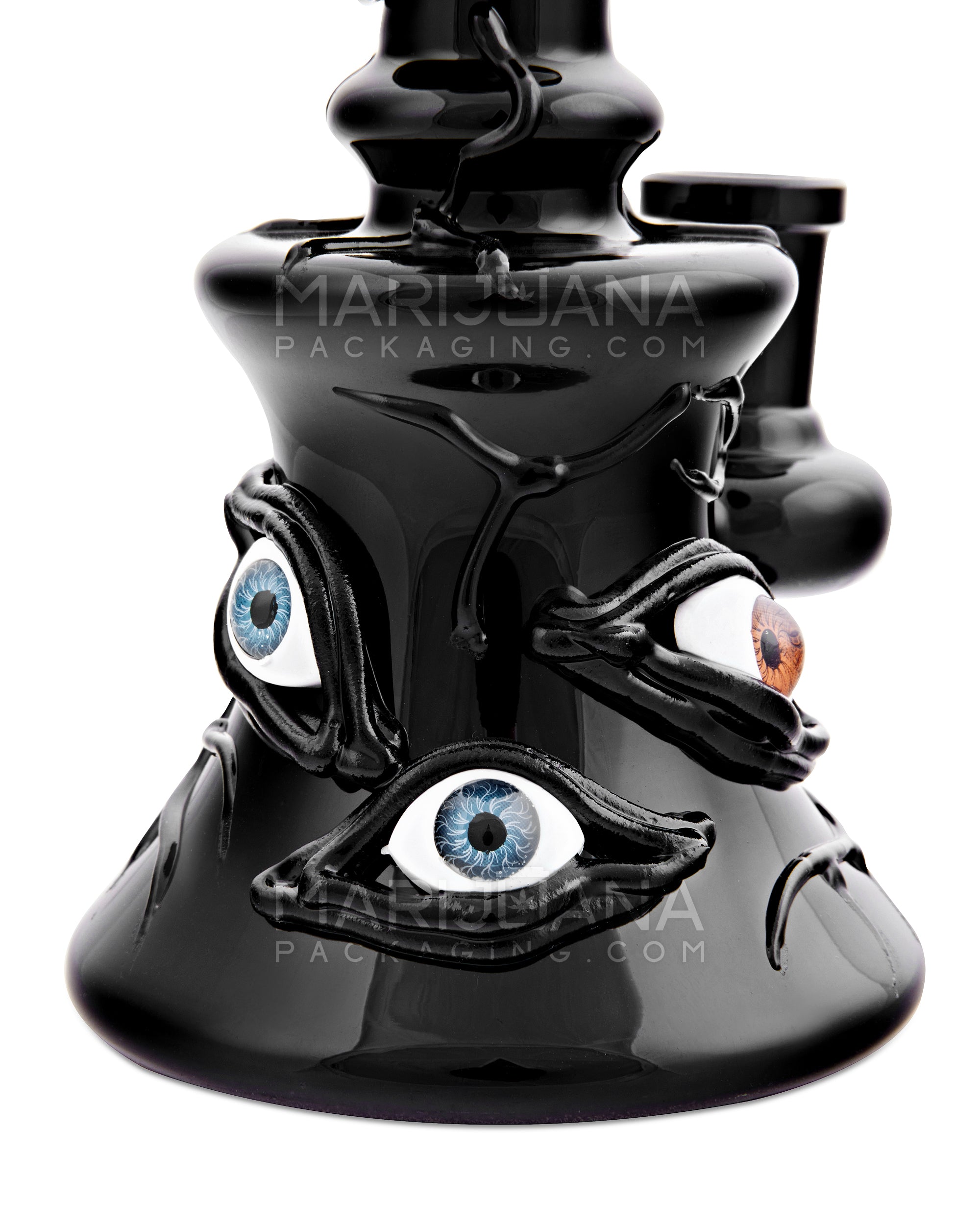 Bent Neck Demon Eyes Glass Beaker Water Pipe w/ Showerhead Perc | 7in Tall - 14mm Bowl - Black