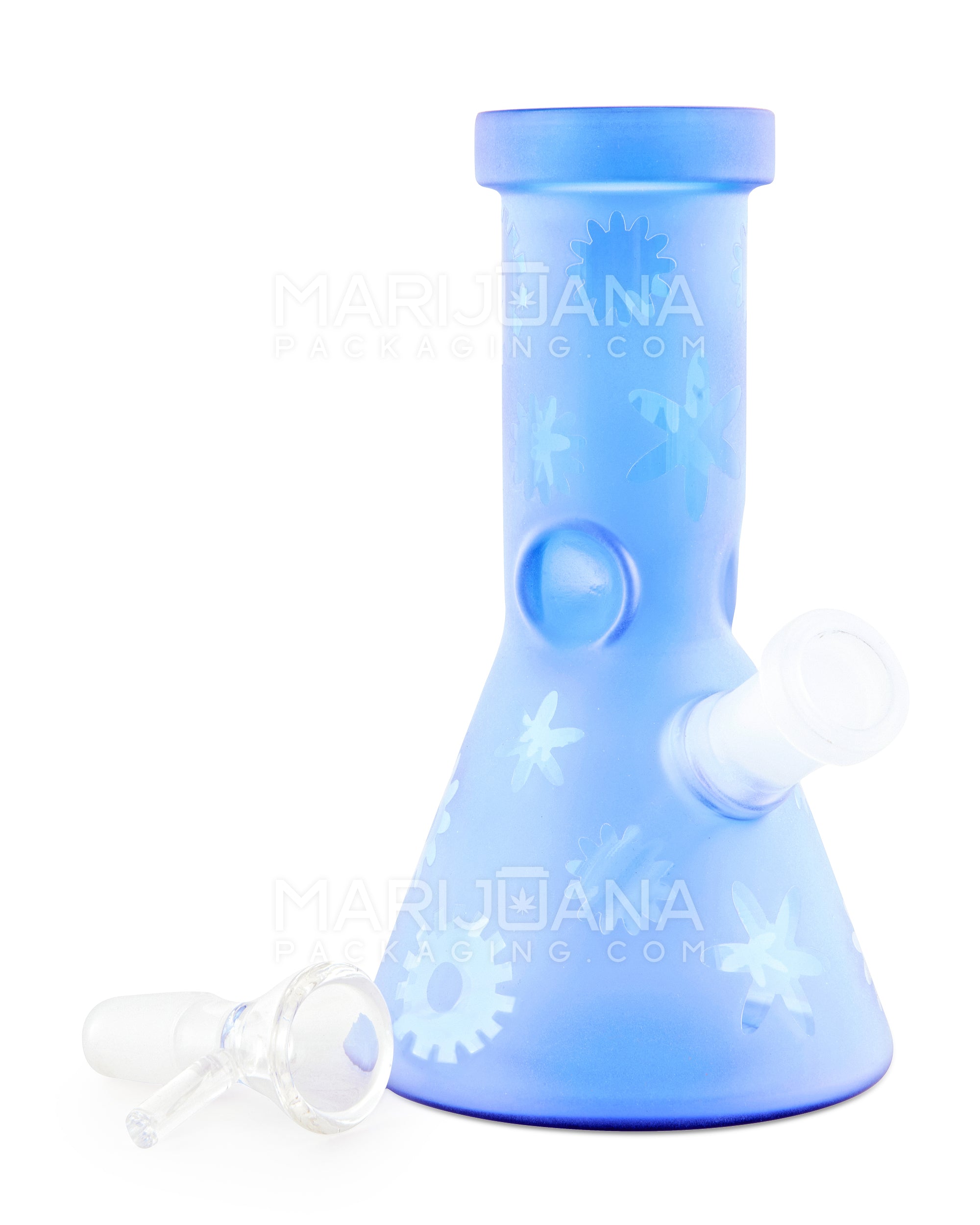 Straight Neck Frosted Snowflake Glass Mini Beaker Water Pipe w/ Ice Catcher | 6in Tall - 14mm Bowl - Blue