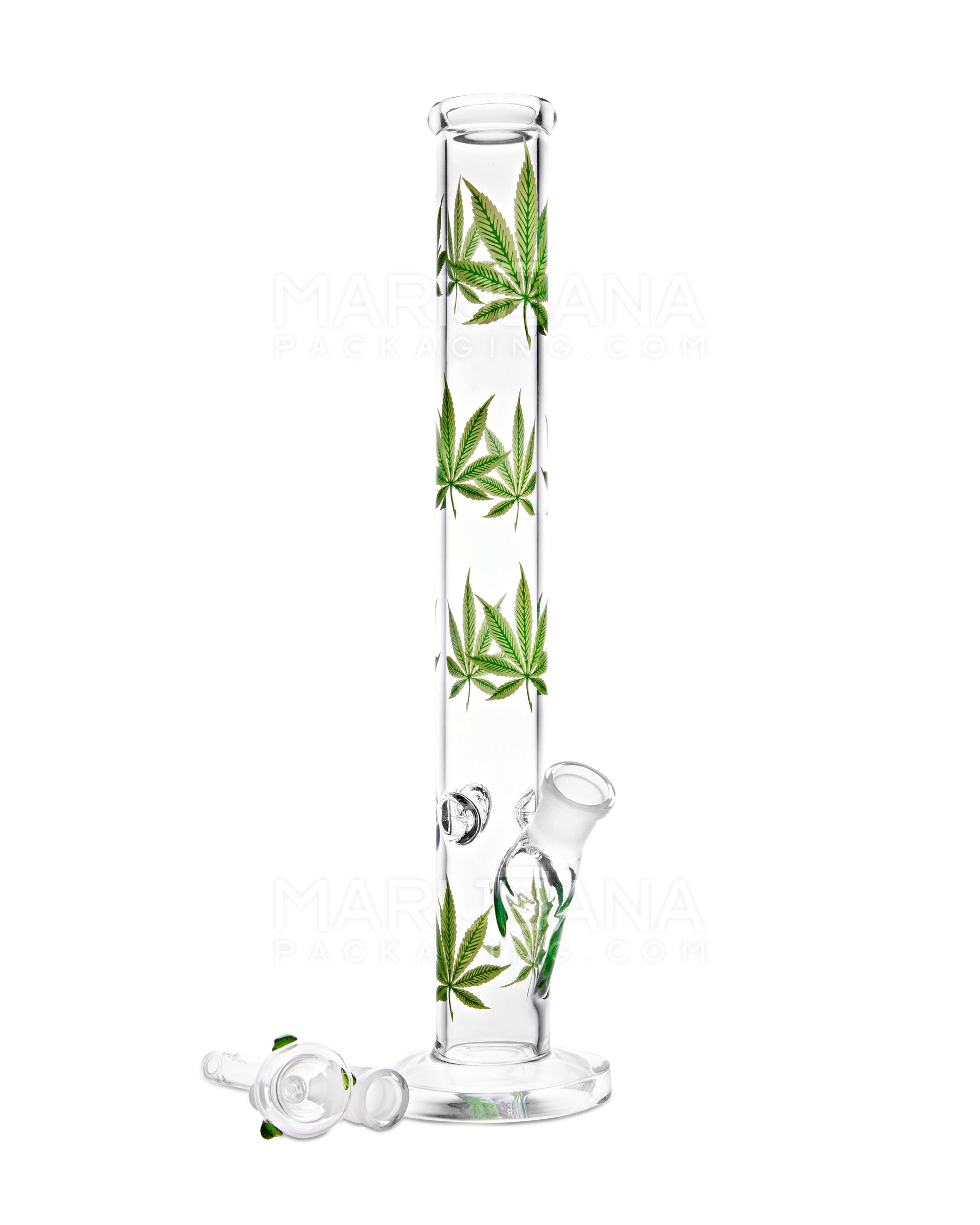 Straight Neck Leaf Decal Glass Straight Shooter Water Pipe w/ Ice Catcher | 14in Tall - 14mm Bowl - Green
