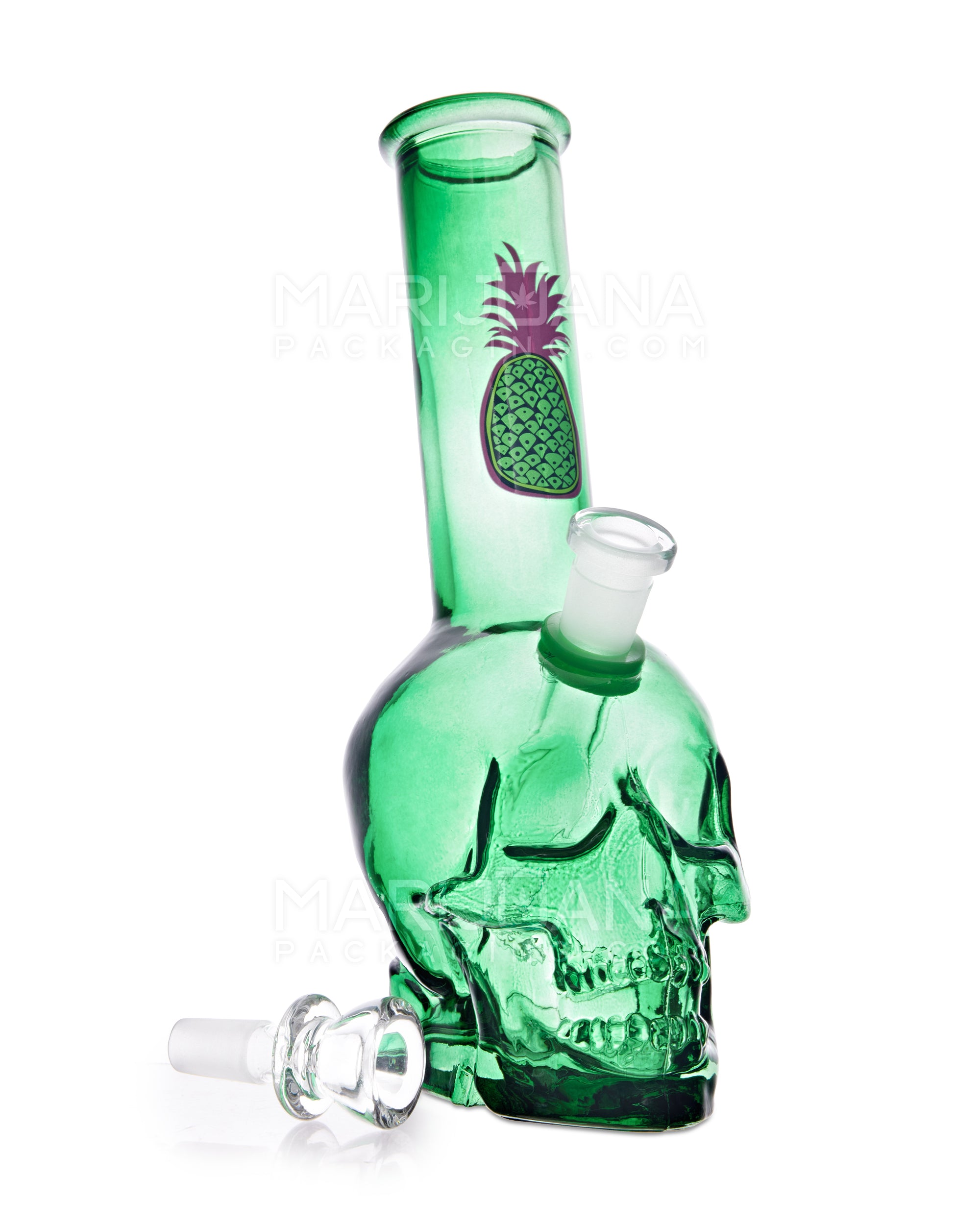Angled Neck Crystal Skull Head Decal Glass Water Pipe | 9.5in Tall - Grommet Bowl - Assorted - 3