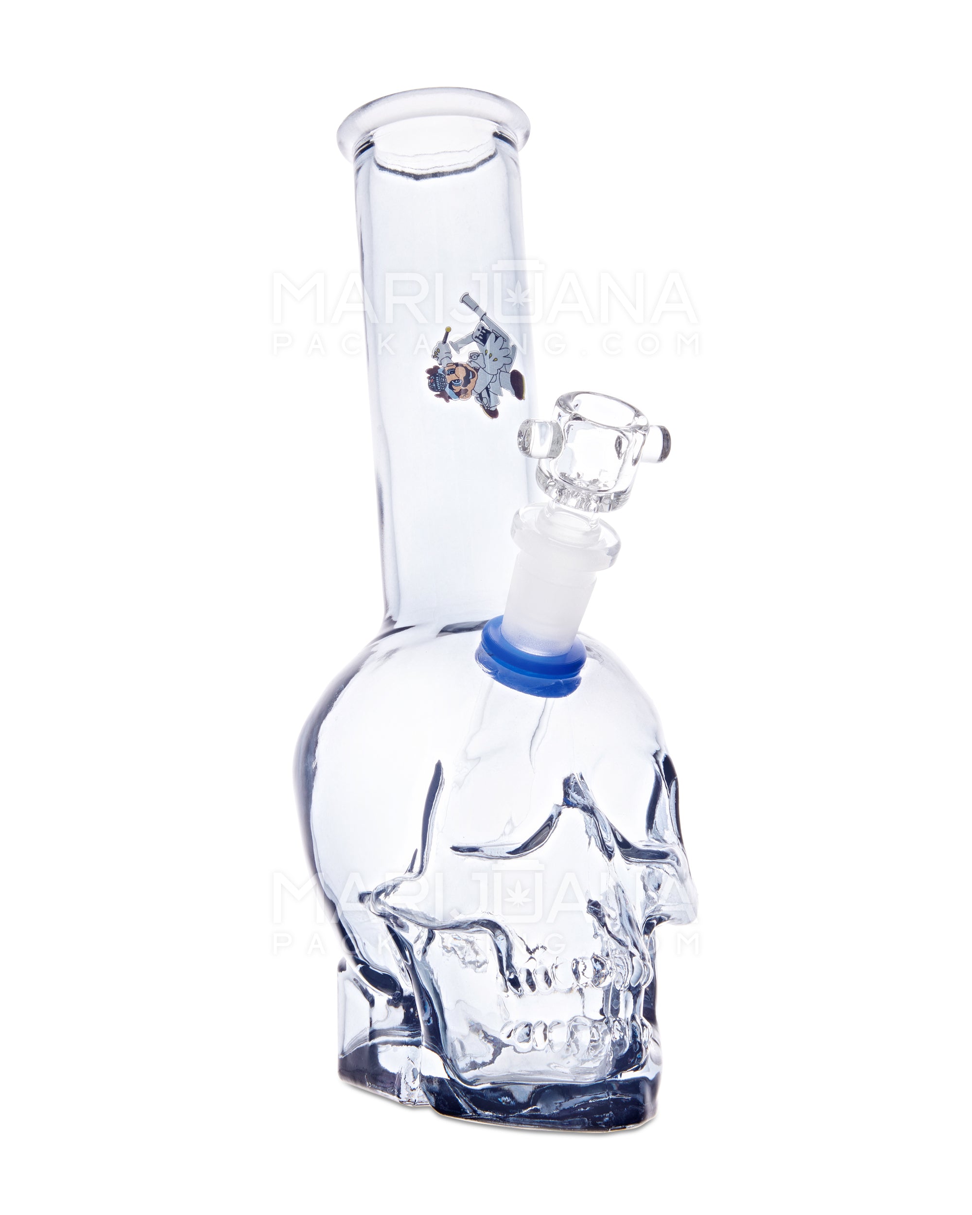 Angled Neck Crystal Skull Head Decal Glass Water Pipe | 9.5in Tall - Grommet Bowl - Assorted - 6