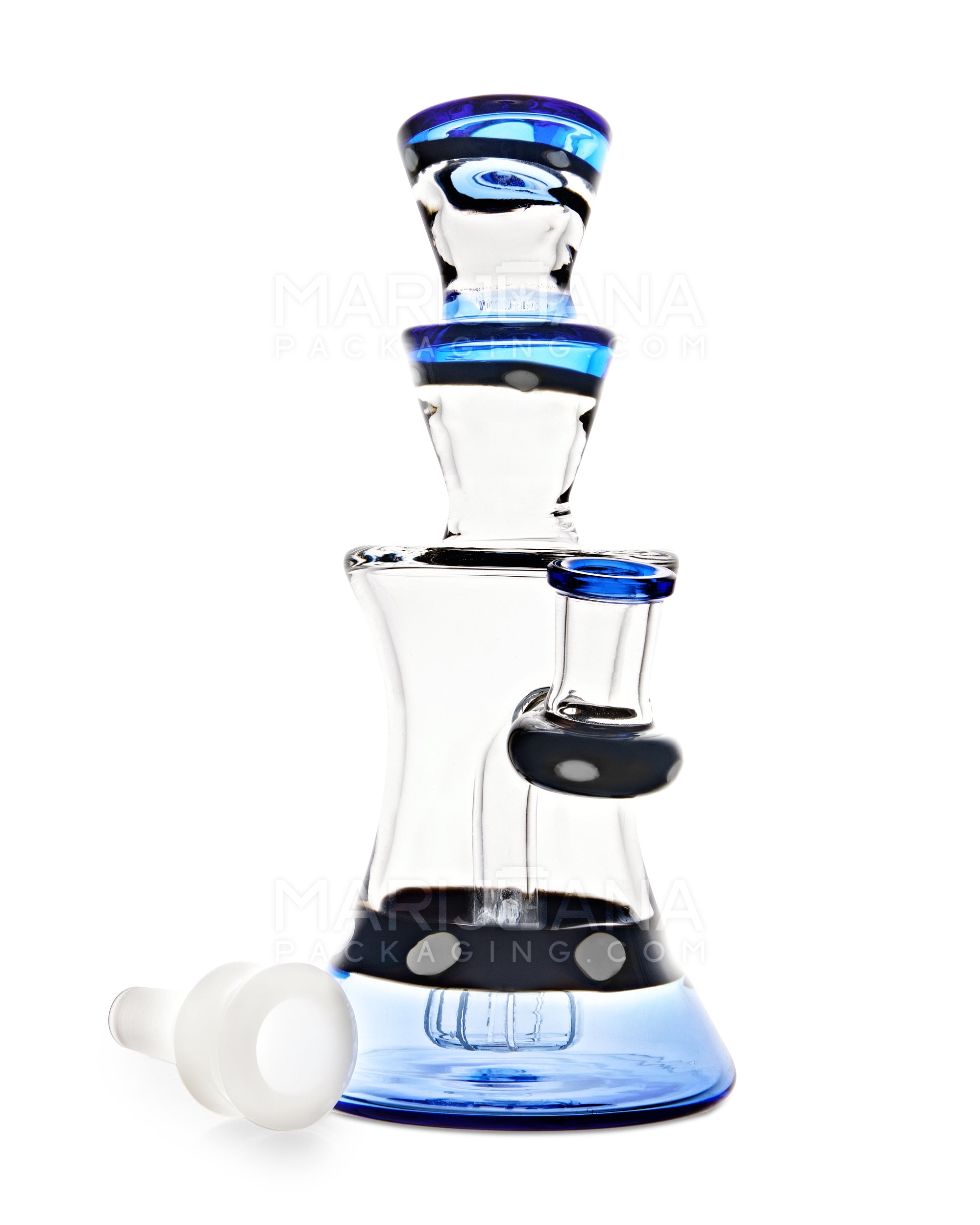 USA Glass | Angled Neck Showerhead Perc Kickback Hourglass Water Pipe w/ Indented Bowl | 7.5in Tall - 14mm Bowl - Blue
