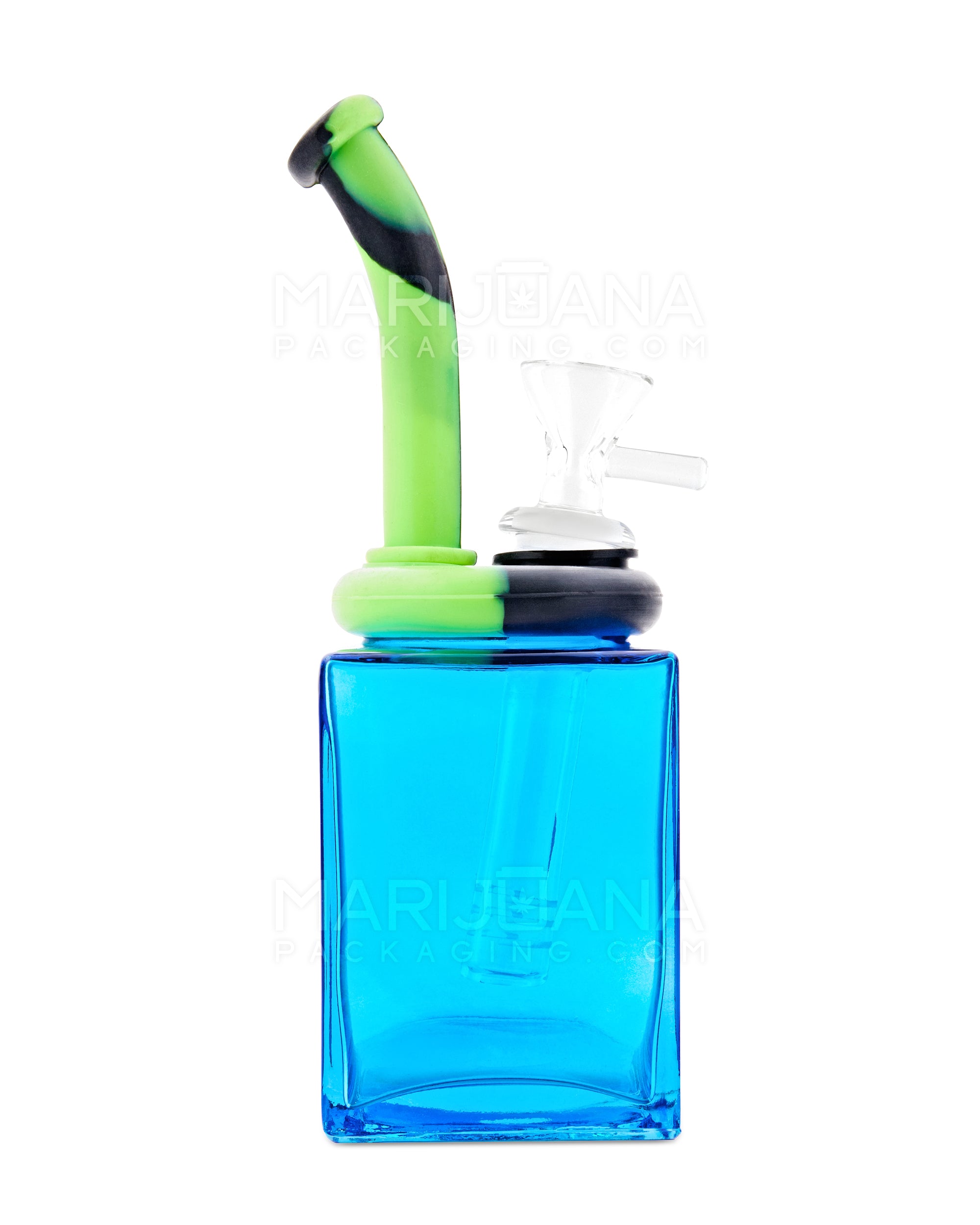 Bent Neck Gem Square Glass Water Pipe w/ Silicone Cover | 8in Tall - 14mm Bowl - Assorted