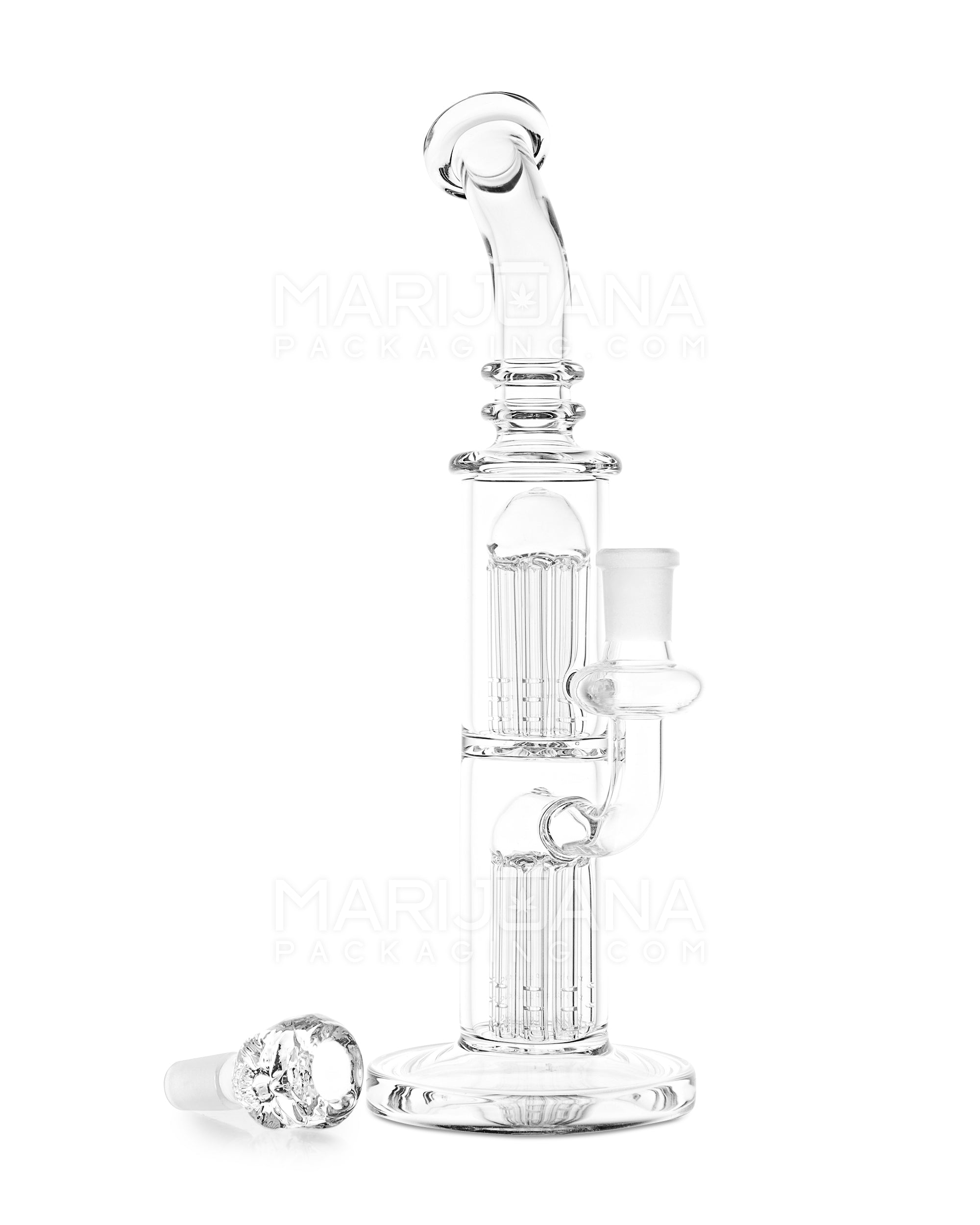 USA Glass | Bent Neck Double Tree Perc Water Pipe w/ Honeycomb Face Bowl | 10.5in Tall - 14mm Bowl - Clear