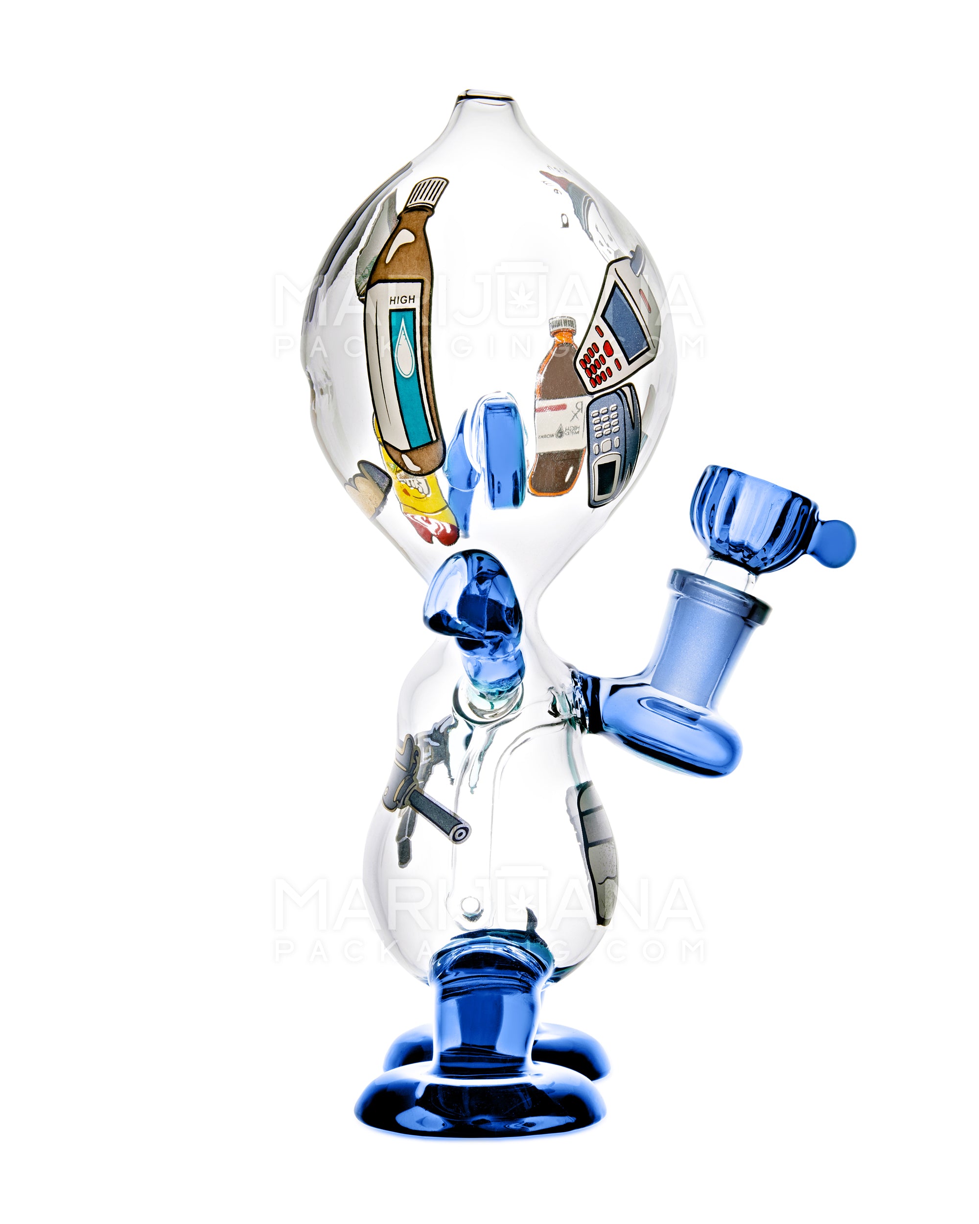 Dewdrop Boy Munny Style Glass Water Pipe W/ Decals | 8in Tall - 14mm Bowl - Blue