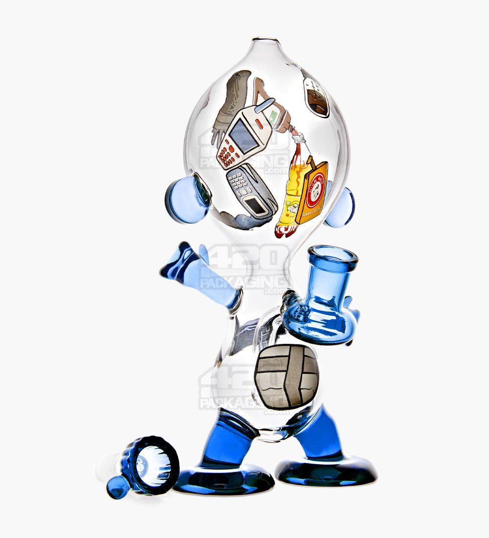 Dewdrop Boy Munny Style Glass Water Pipe W/ Decals | 8in Tall - 14mm Bowl - Blue - 3