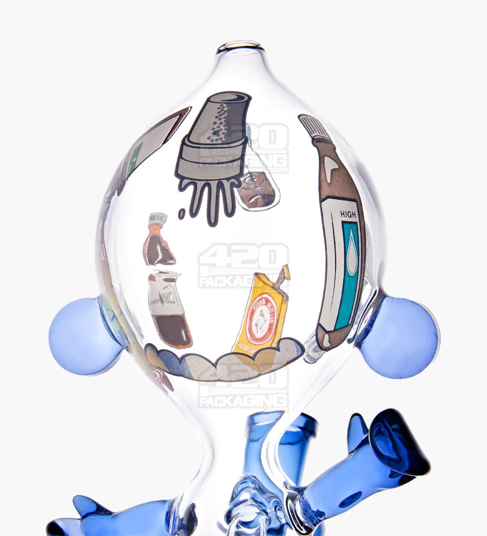 Dewdrop Boy Munny Style Glass Water Pipe W/ Decals | 8in Tall - 14mm Bowl - Blue - 5
