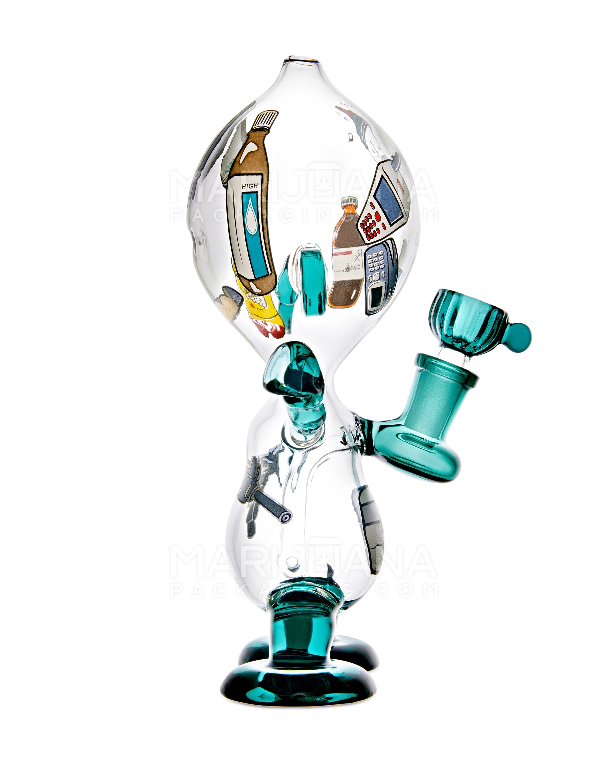 Dewdrop Boy Munny Style Glass Water Pipe W/ Decals | 8in Tall - 14mm Bowl - Teal