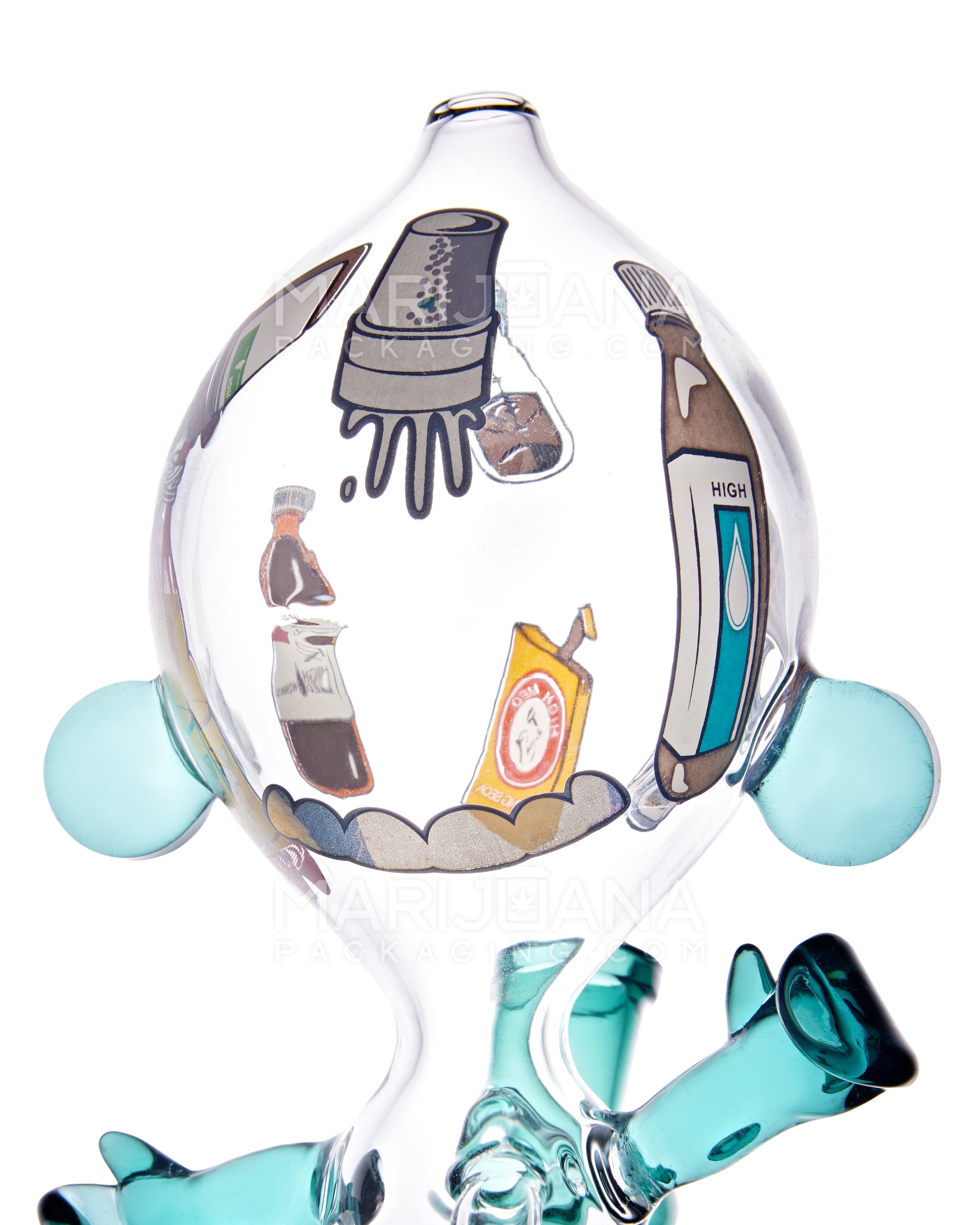 Dewdrop Boy Munny Style Glass Water Pipe W/ Decals | 8in Tall - 14mm Bowl - Teal