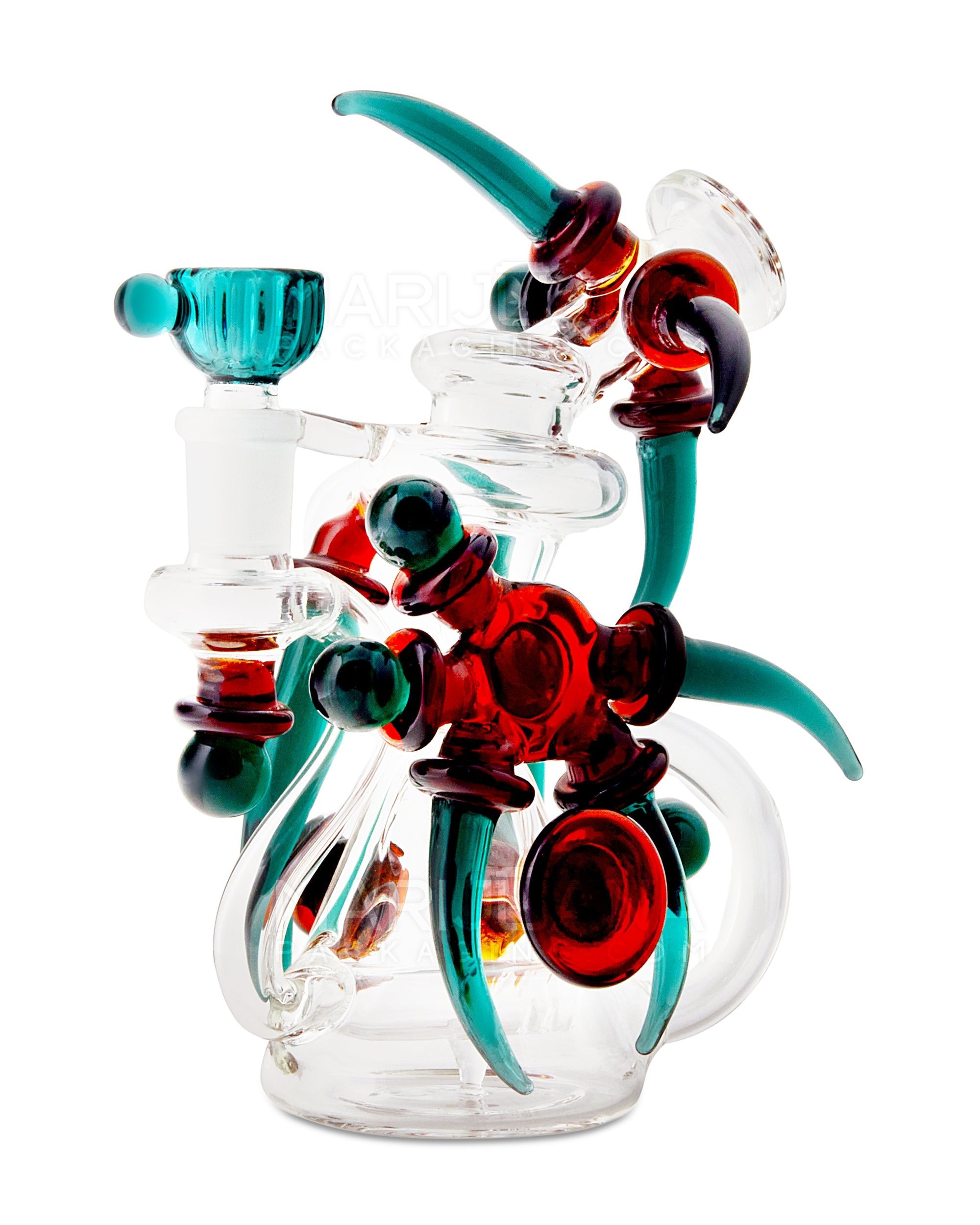 USA Glass | Bent Neck Claw Design Recycler Water Pipe | 7in Tall - 14mm Bowl - Teal Amber - 1