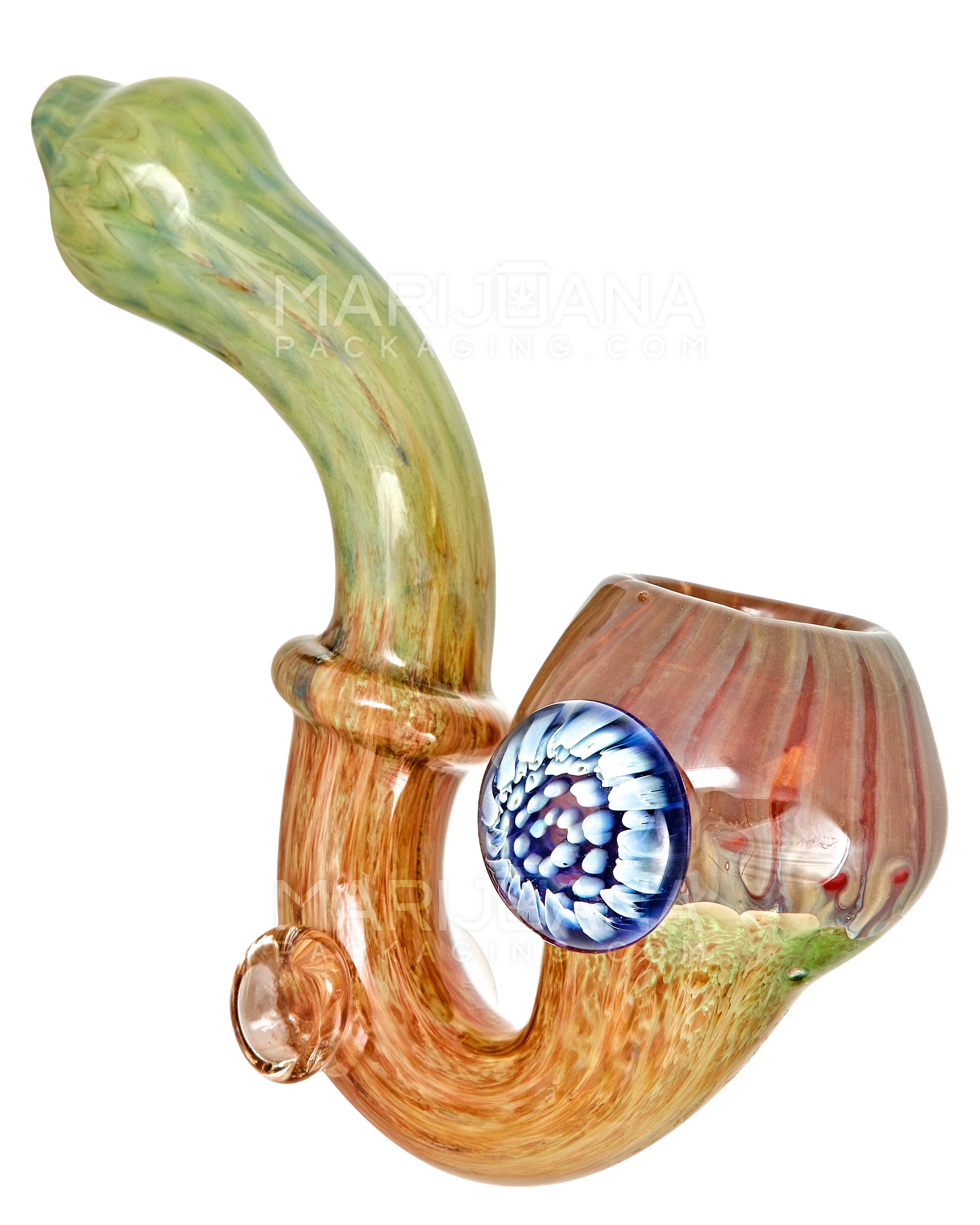 Color Pull Ringed Sherlock Hand Pipe w/ Implosion Flower Marble | 5.5in Long - Glass - Assorted - 1
