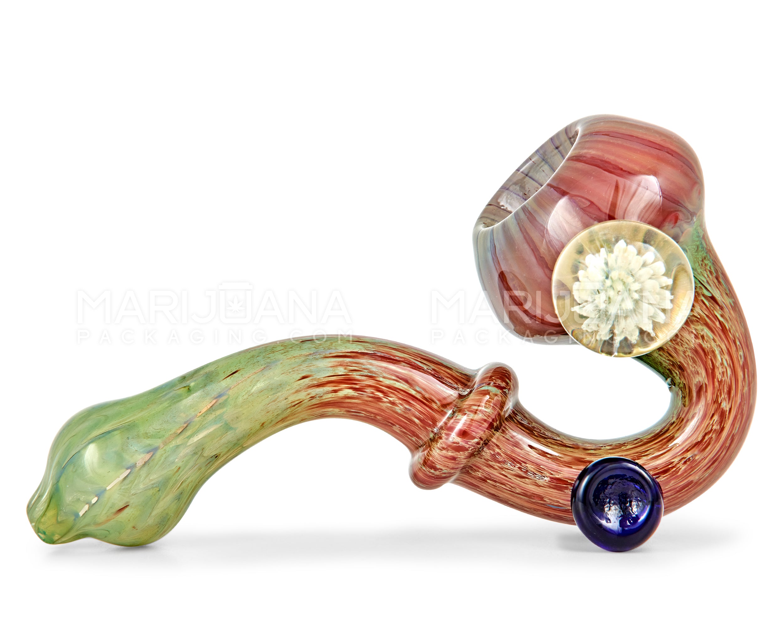 Color Pull Ringed Sherlock Hand Pipe w/ Implosion Flower Marble | 5.5in Long - Glass - Assorted - 7