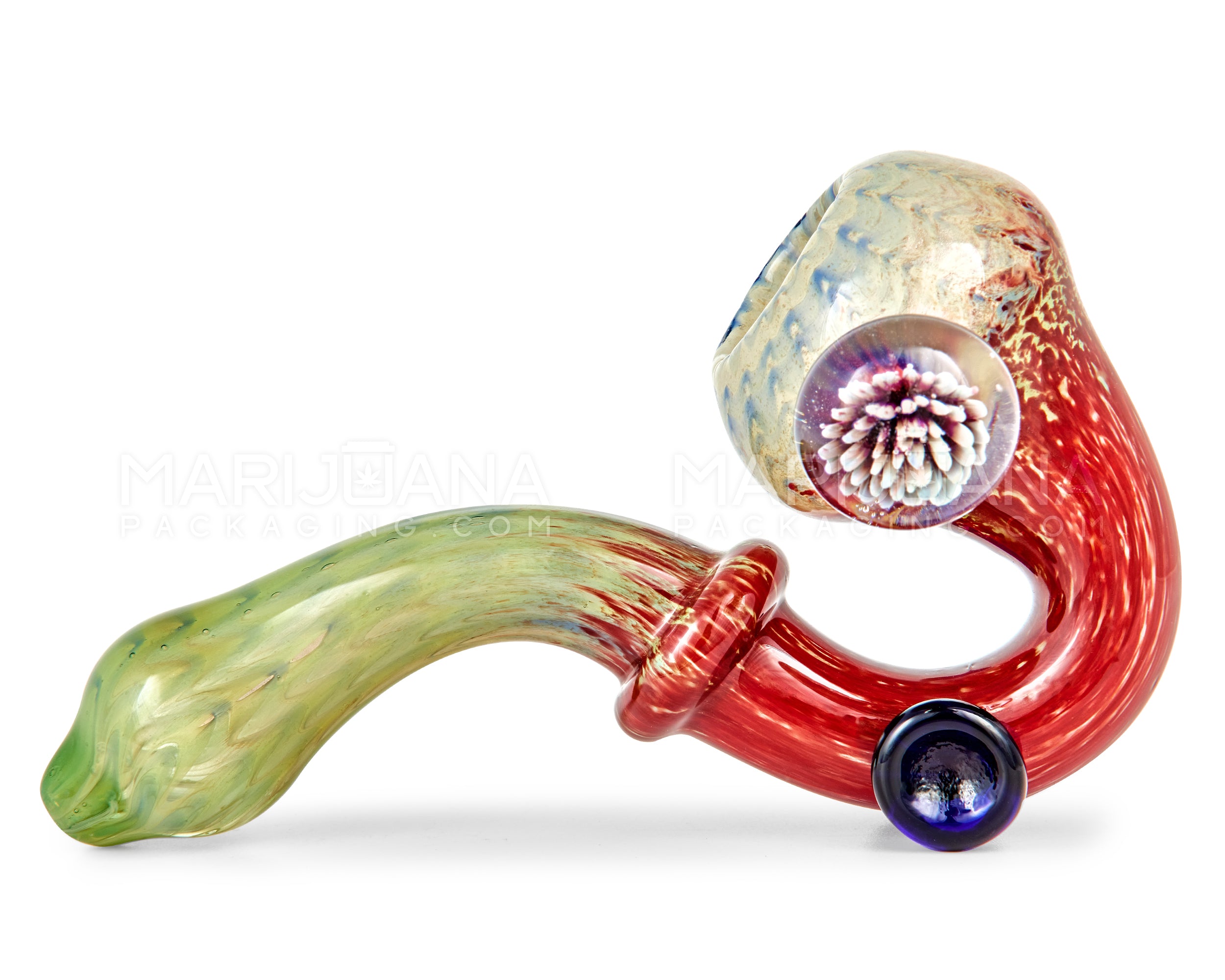 Color Pull Ringed Sherlock Hand Pipe w/ Implosion Flower Marble | 5.5in Long - Glass - Assorted - 8