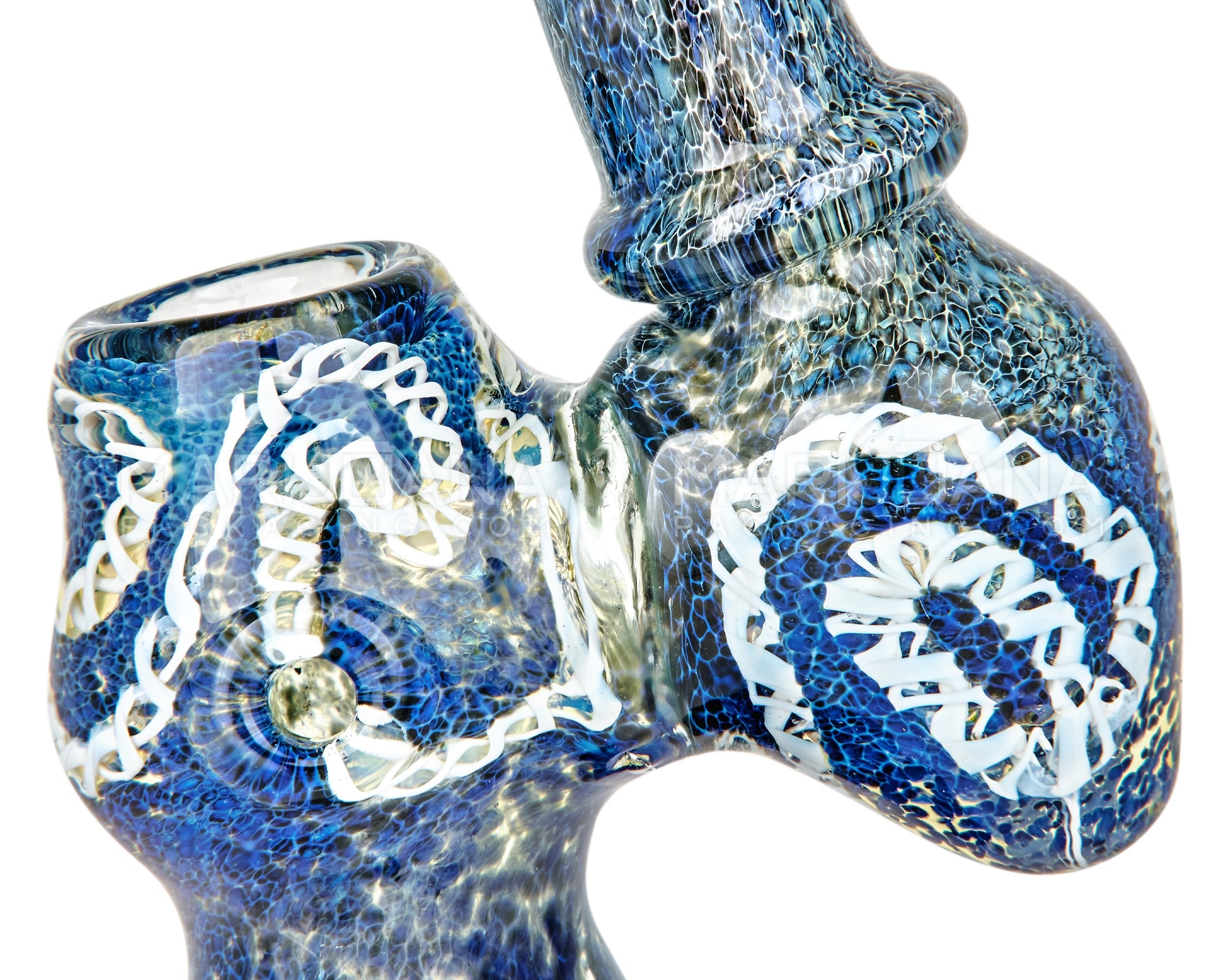 Frit & Gold Fumed Ringed Bubbler w/ Ribboning & Triple Knockers | 8in Tall - Glass - Blue - 4