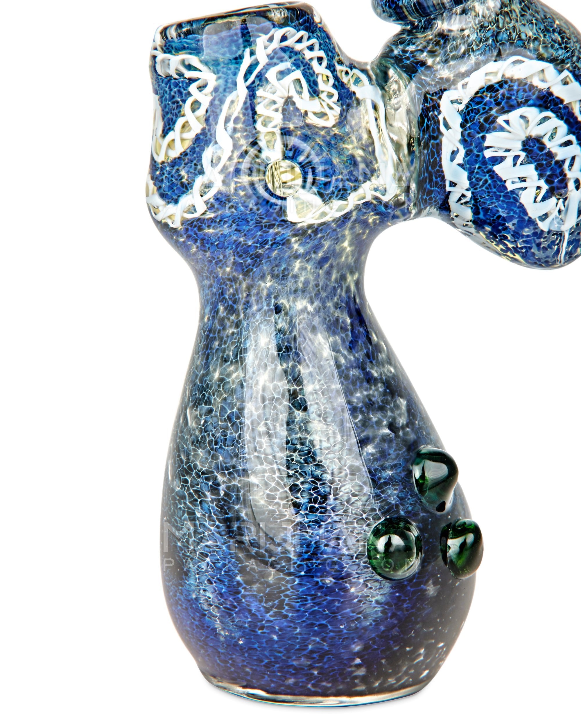 Frit & Gold Fumed Ringed Bubbler w/ Ribboning & Triple Knockers | 8in Tall - Glass - Blue - 5