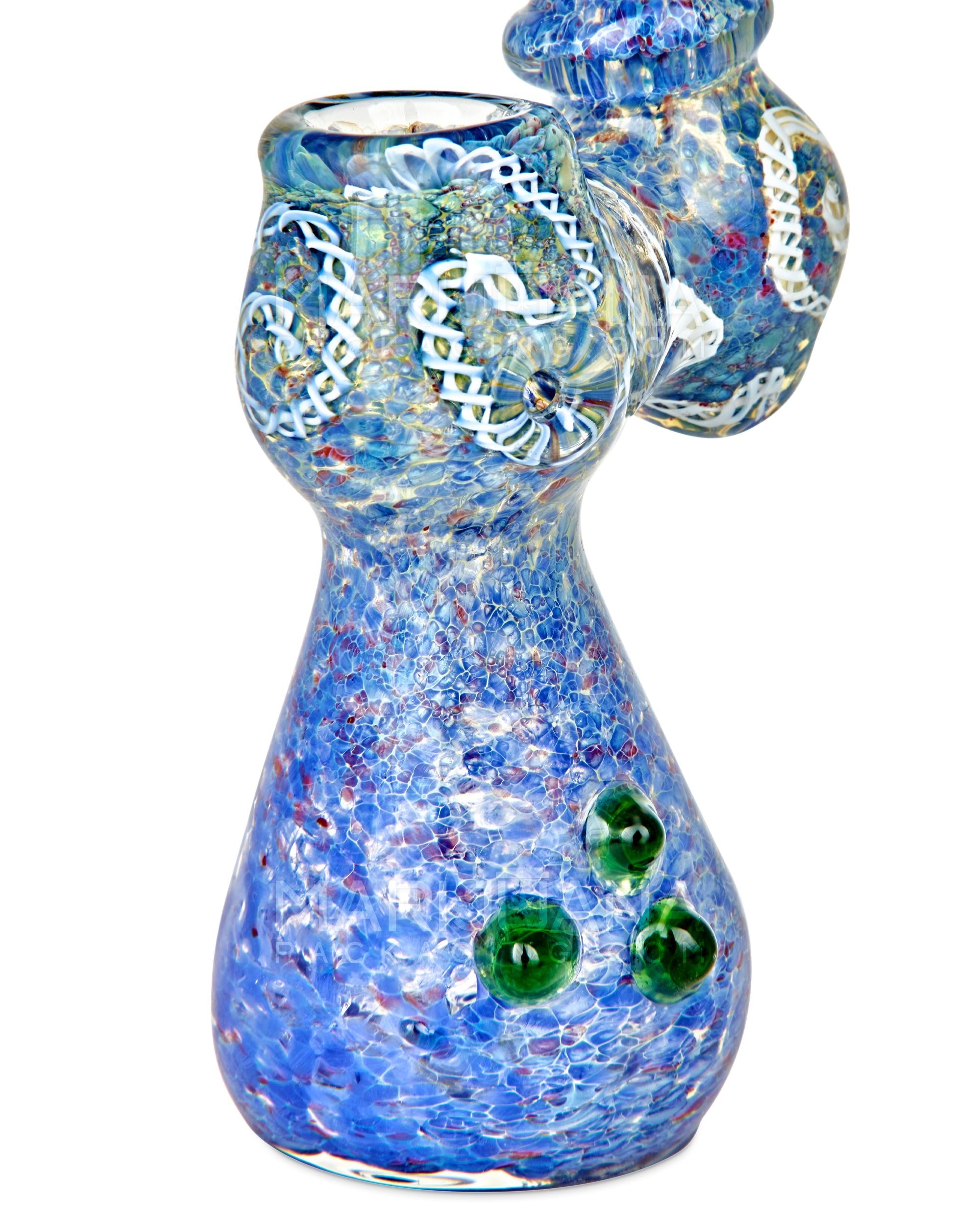 Frit & Gold Fumed Ringed Bubbler w/ Ribboning & Triple Knockers | 8in Tall - Glass - Blue - 6