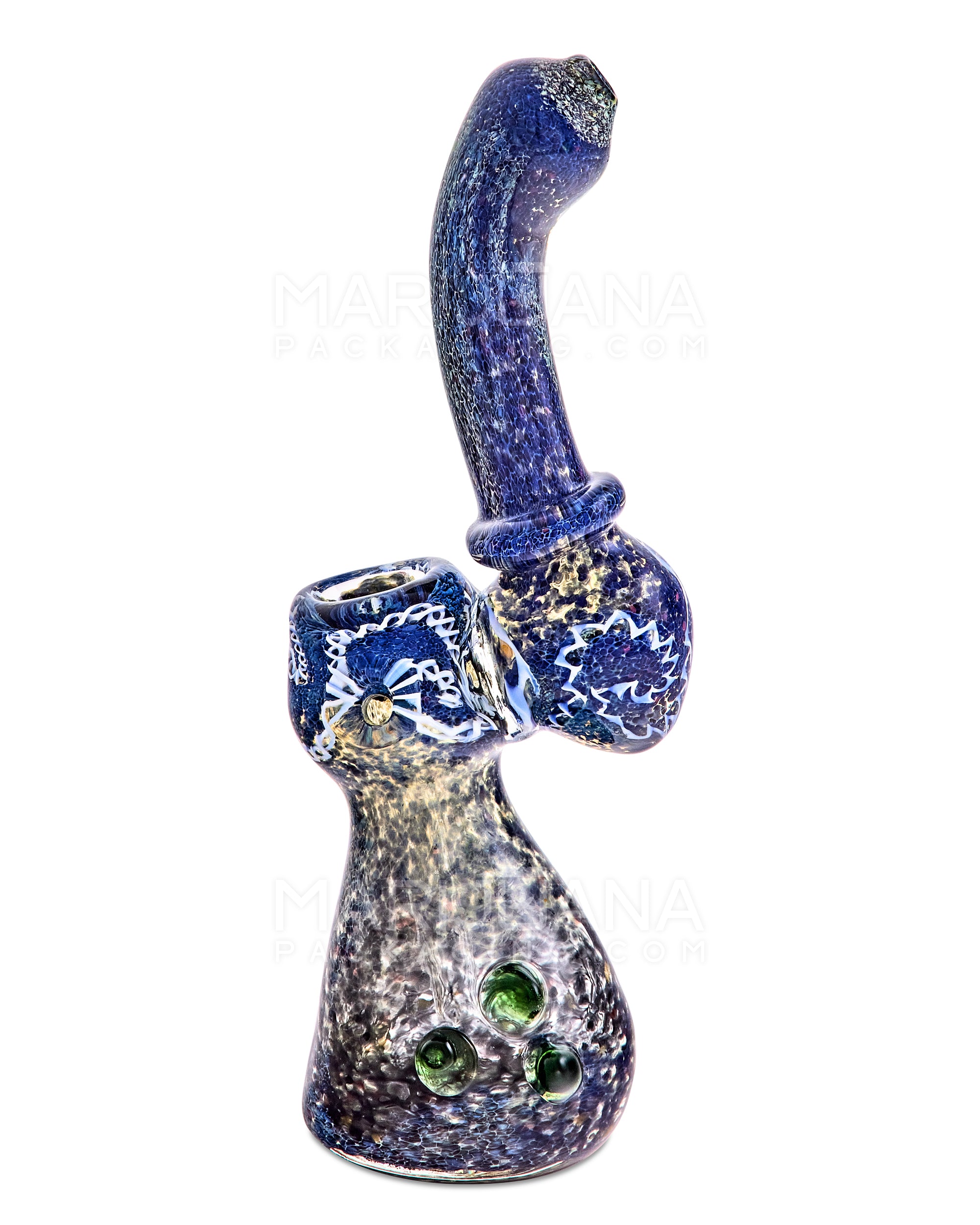 Frit & Gold Fumed Ringed Bubbler w/ Ribboning & Triple Knockers | 8in Tall - Glass - Blue - 8