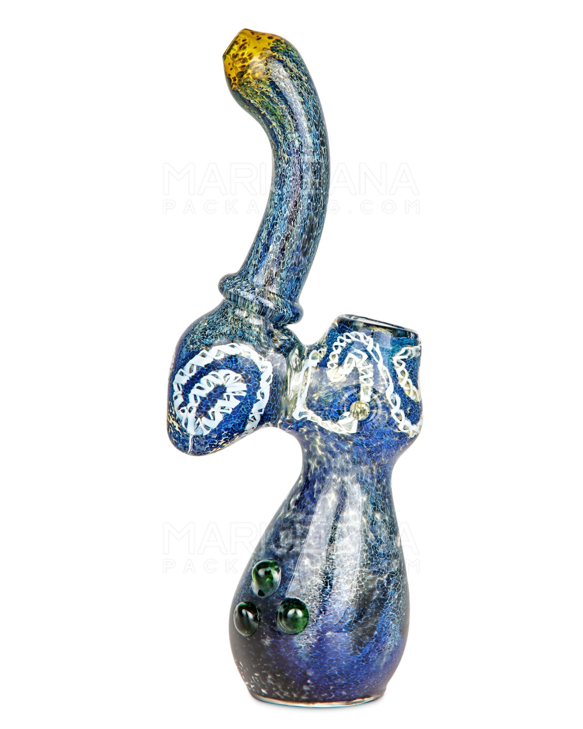 Frit & Gold Fumed Ringed Bubbler w/ Ribboning & Triple Knockers | 8in Tall - Glass - Blue - 1