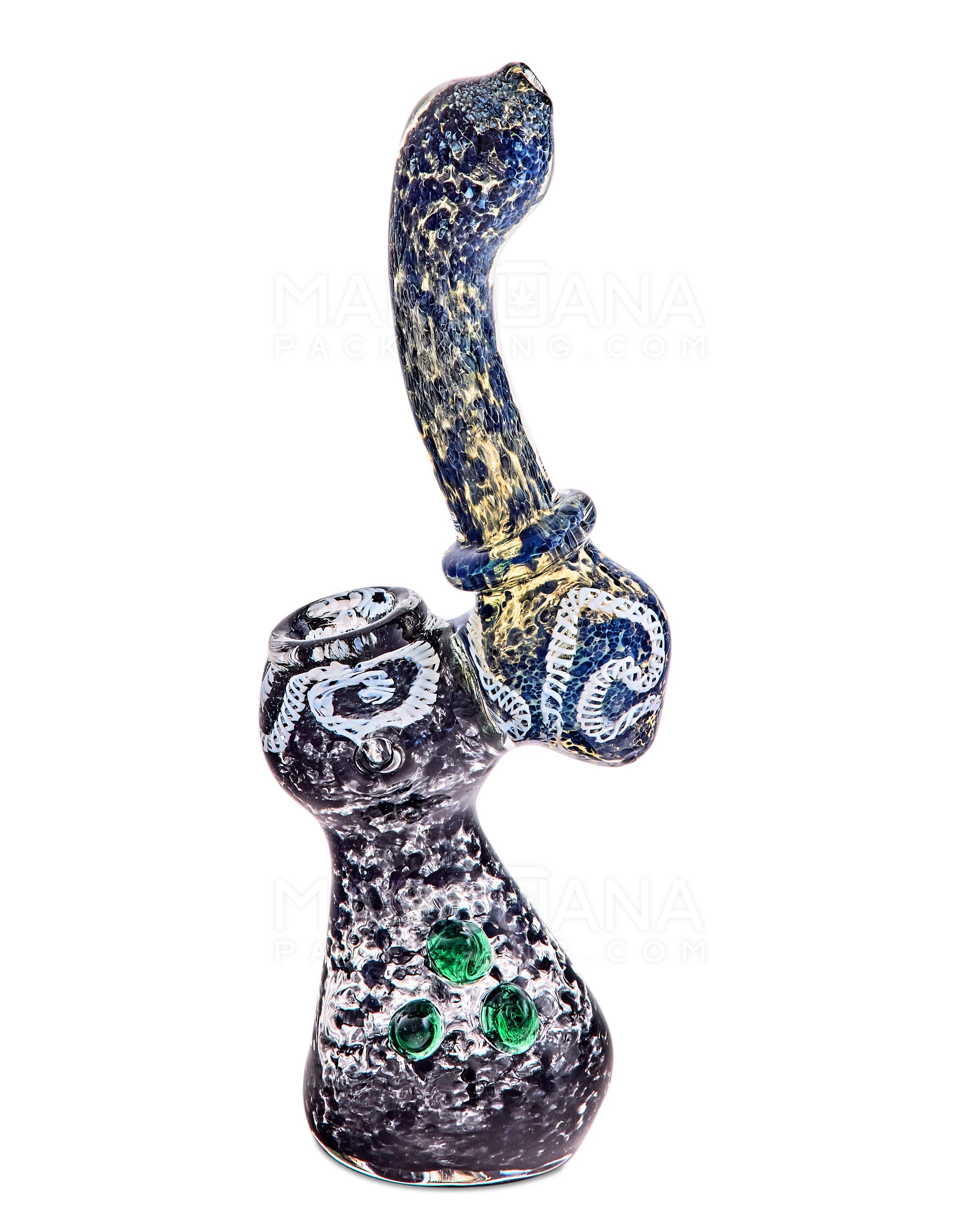 Frit & Gold Fumed Ringed Bubbler w/ Ribboning & Triple Knockers | 8in Tall - Glass - Blue - 9