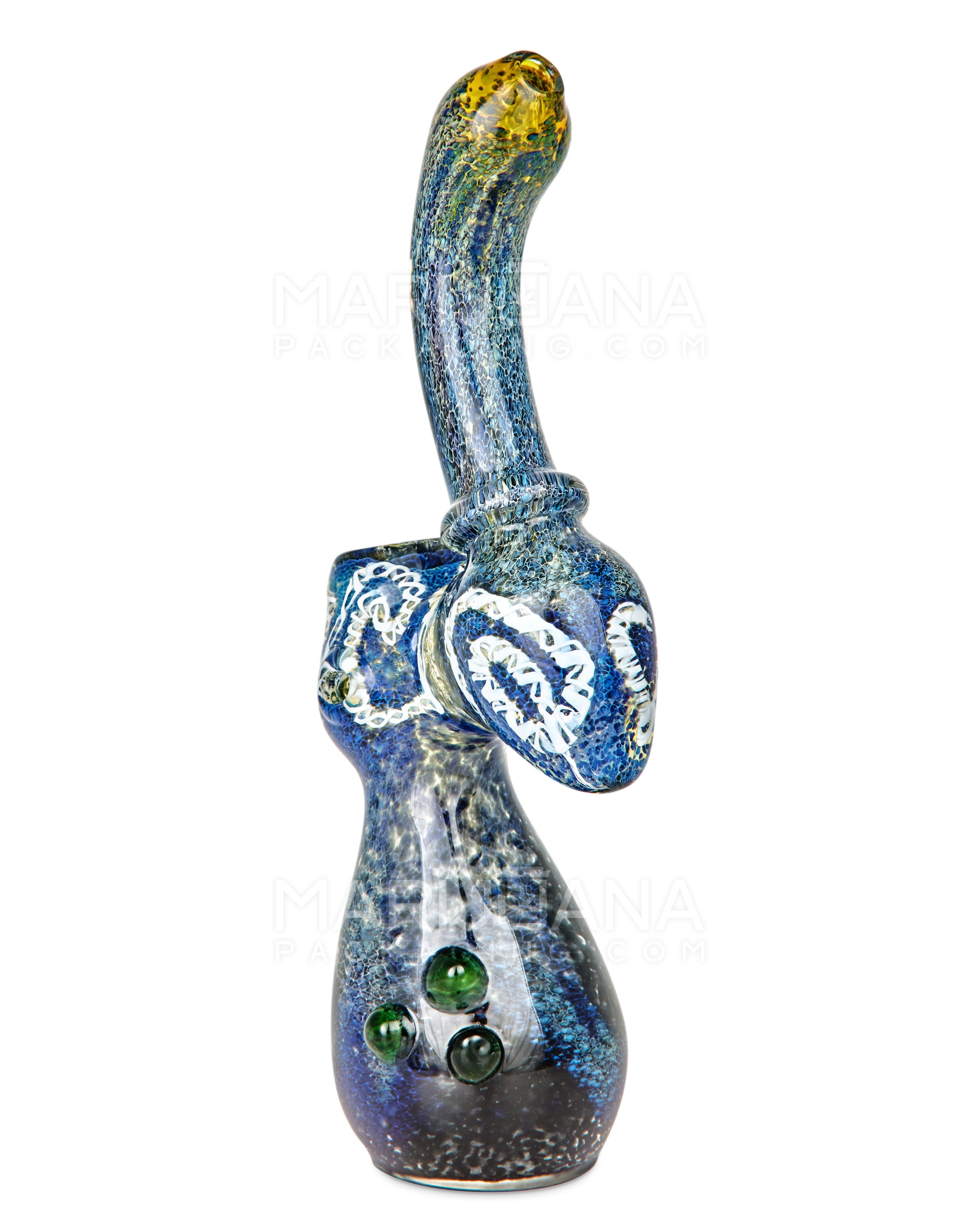 Frit & Gold Fumed Ringed Bubbler w/ Ribboning & Triple Knockers | 8in Tall - Glass - Blue - 3