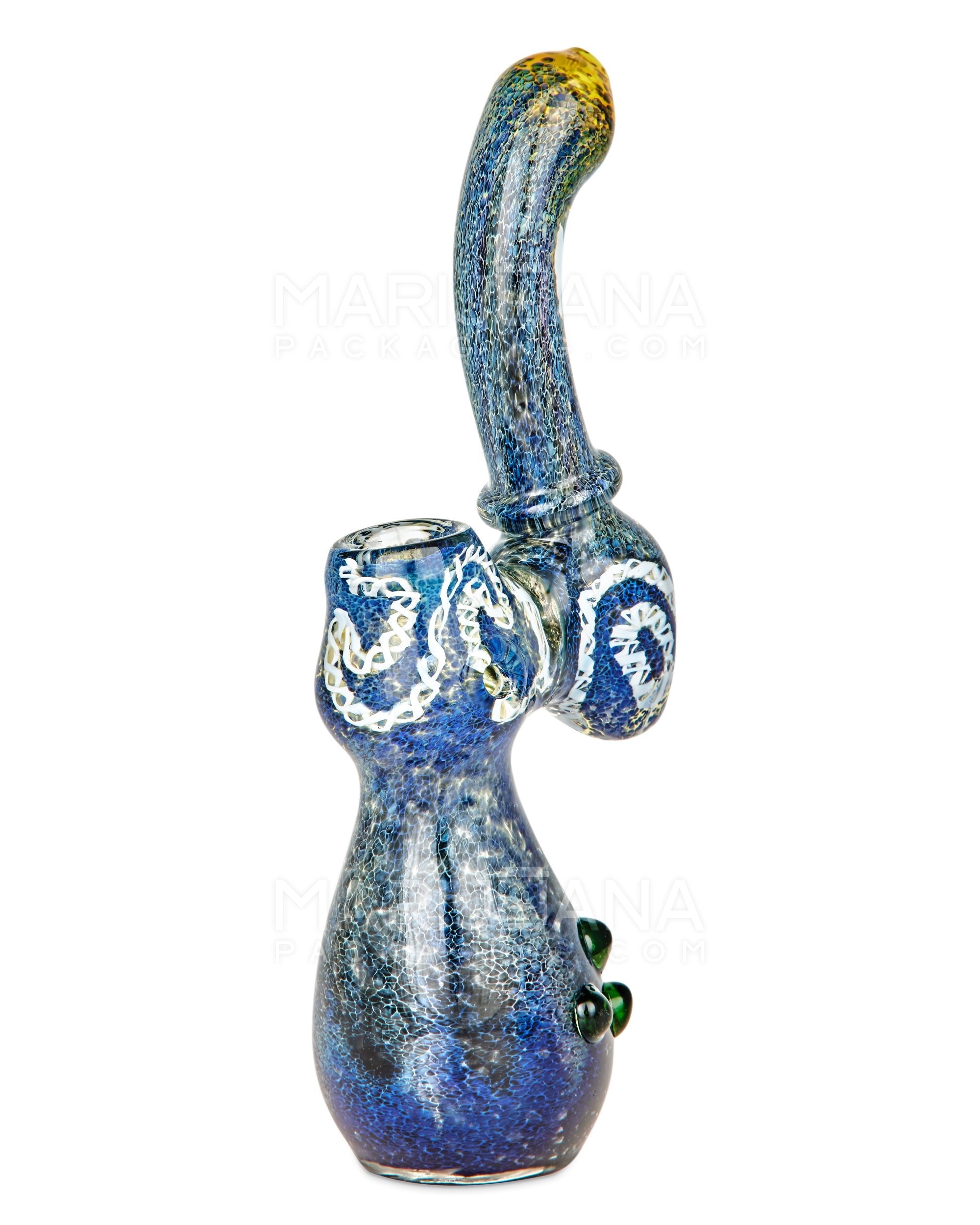 Frit & Gold Fumed Ringed Bubbler w/ Ribboning & Triple Knockers | 8in Tall - Glass - Blue - 2