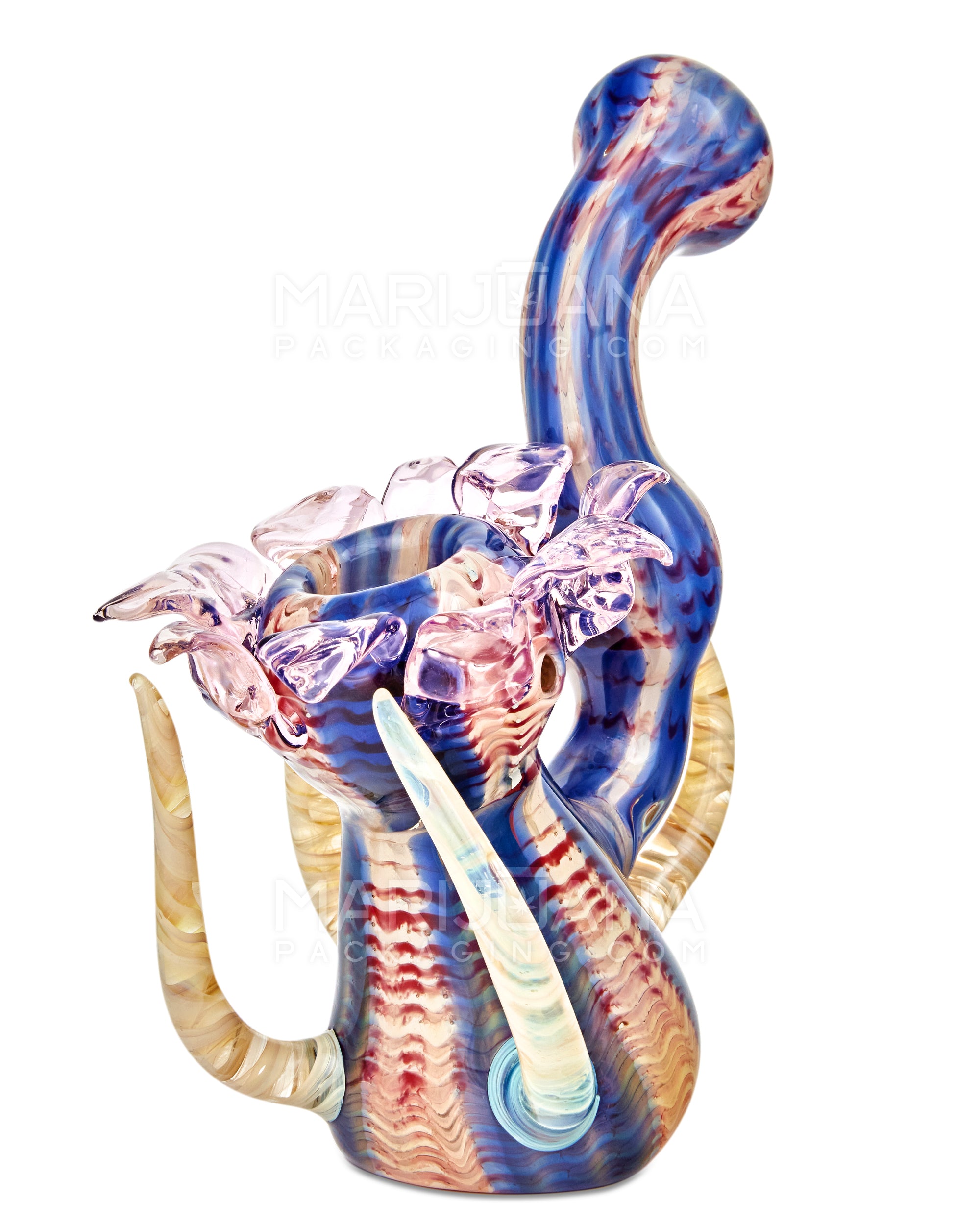 Heady | Donut Neck Raked Flower Bubbler w/ Fumed Tendrils | 7.5in Tall - Thick Glass - Blue - 3