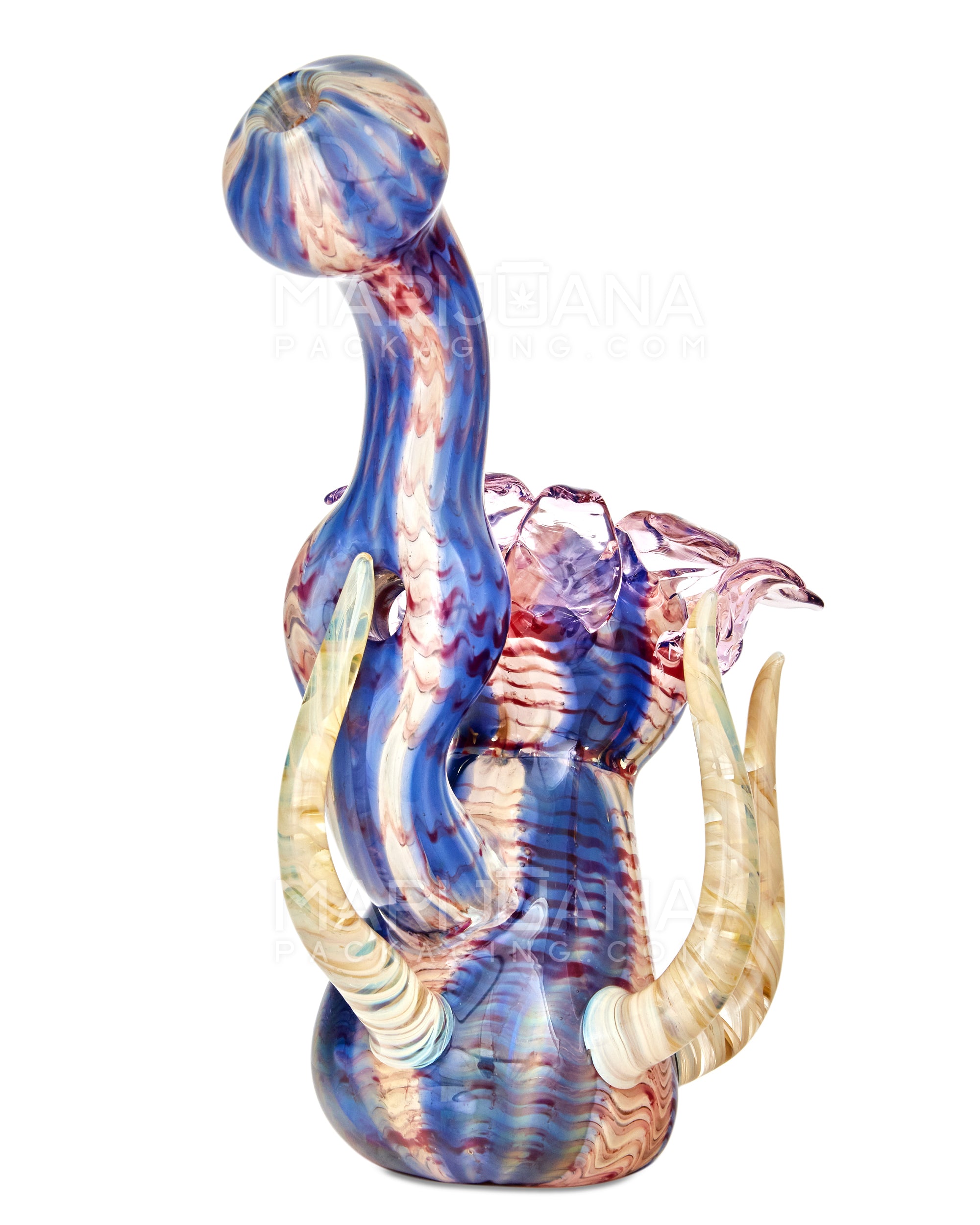 Heady | Donut Neck Raked Flower Bubbler w/ Fumed Tendrils | 7.5in Tall - Thick Glass - Blue - 9