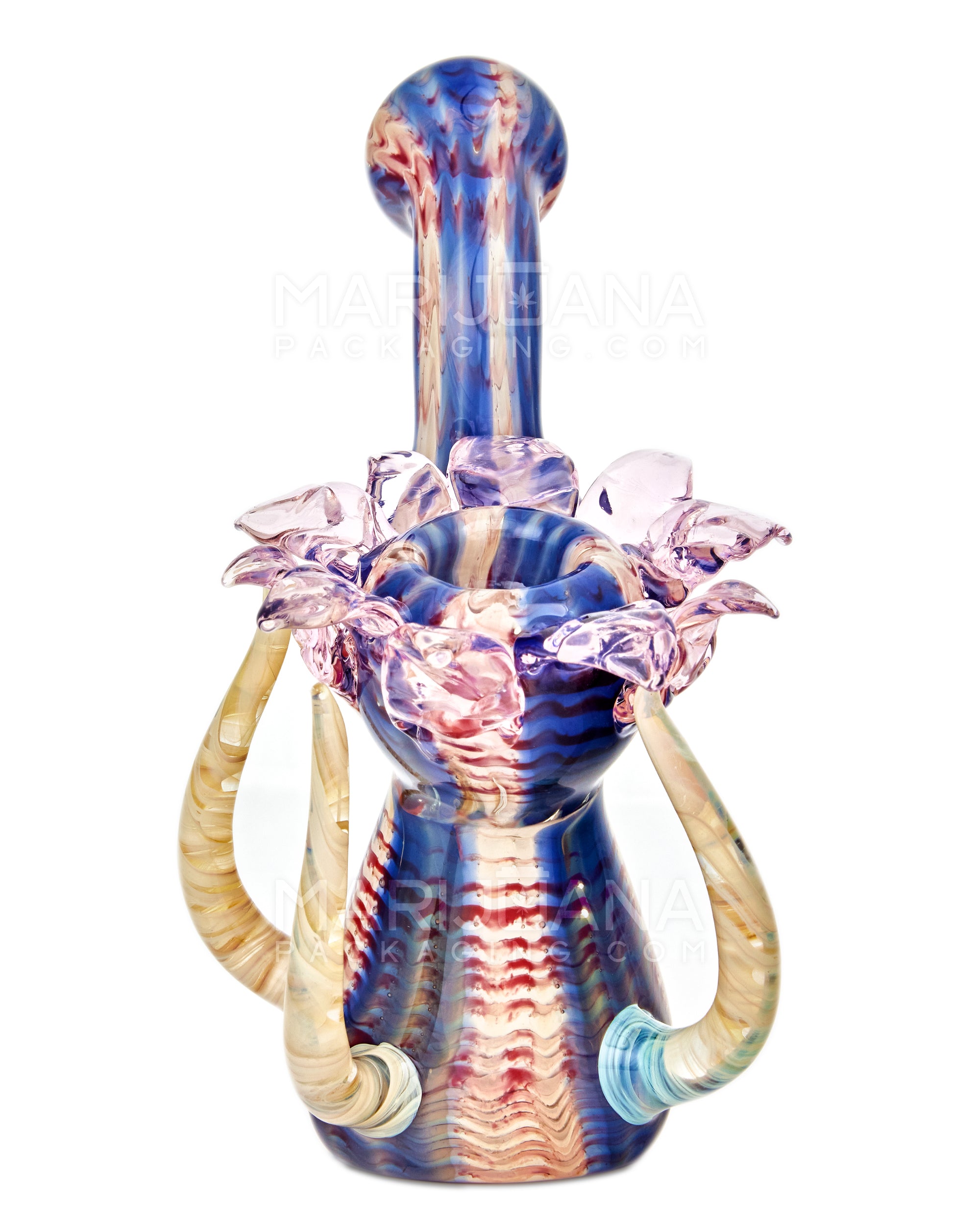Heady | Donut Neck Raked Flower Bubbler w/ Fumed Tendrils | 7.5in Tall - Thick Glass - Blue - 11