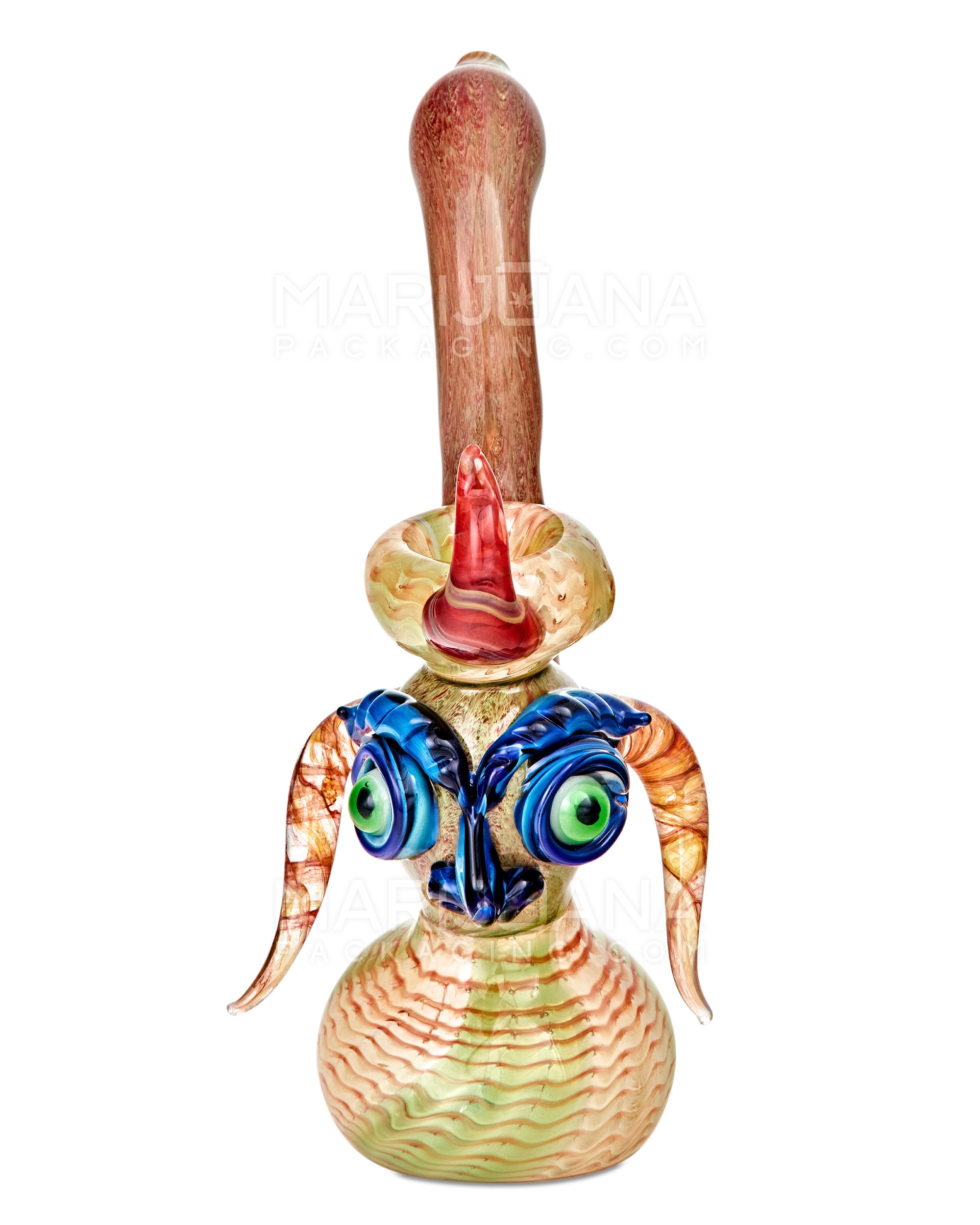 Heady | Crescent Moon Neck Raked & Gold Fumed Owl Face Bubbler w/ Triple Horns | 8.5in Tall - Thick Glass - Assorted - 2
