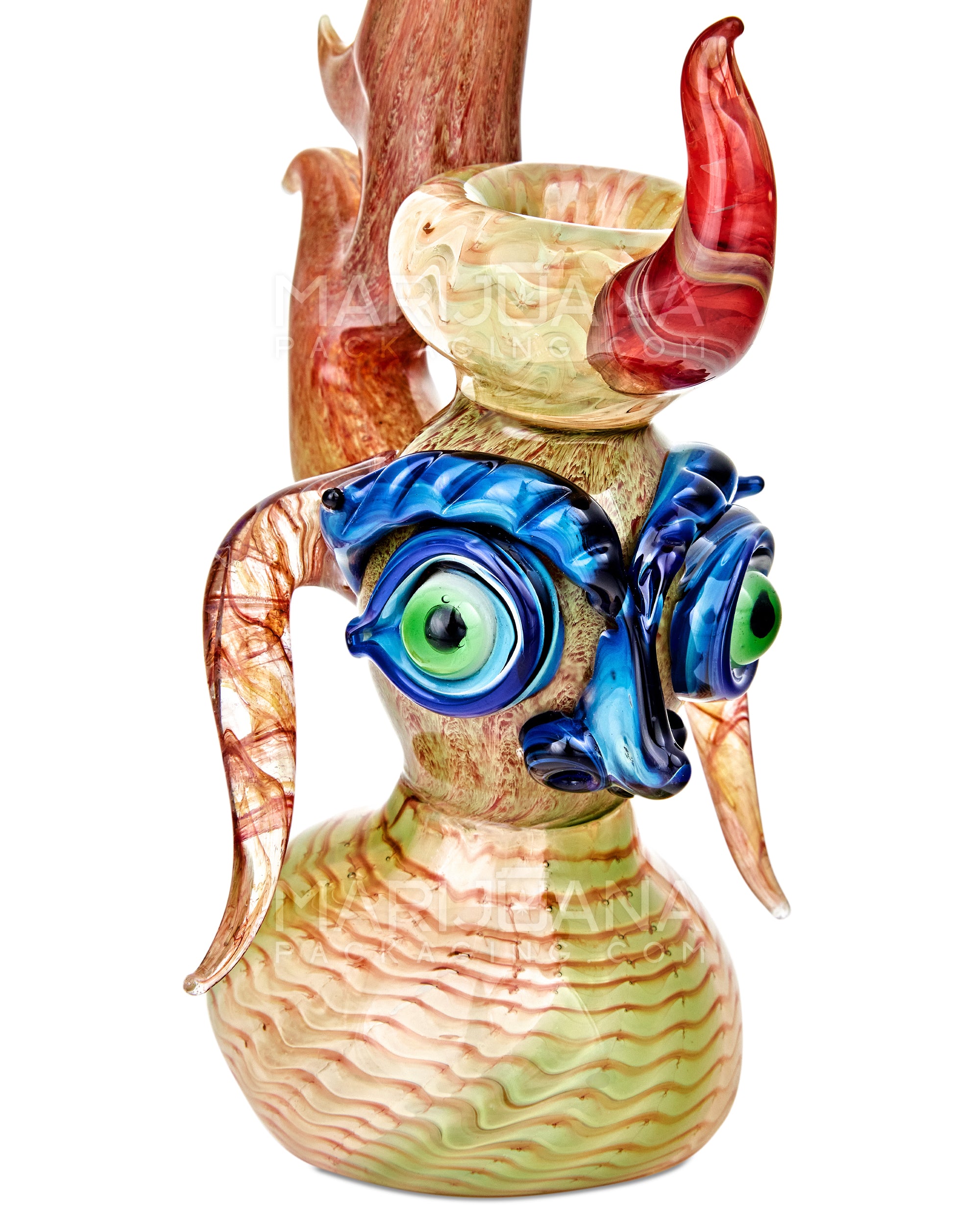Heady | Crescent Moon Neck Raked & Gold Fumed Owl Face Bubbler w/ Triple Horns | 8.5in Tall - Thick Glass - Assorted - 3