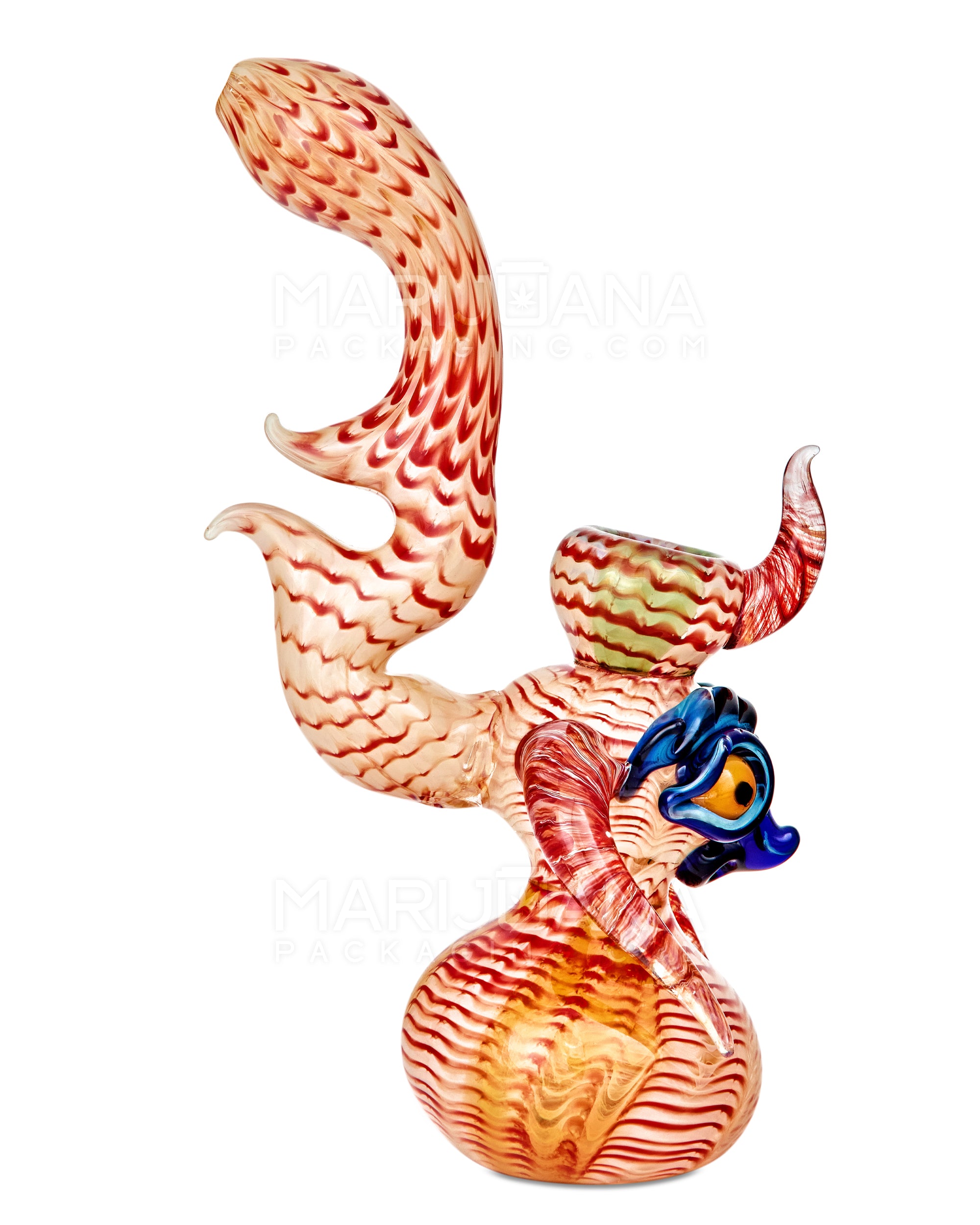Heady | Crescent Moon Neck Raked & Gold Fumed Owl Face Bubbler w/ Triple Horns | 8.5in Tall - Thick Glass - Assorted - 5