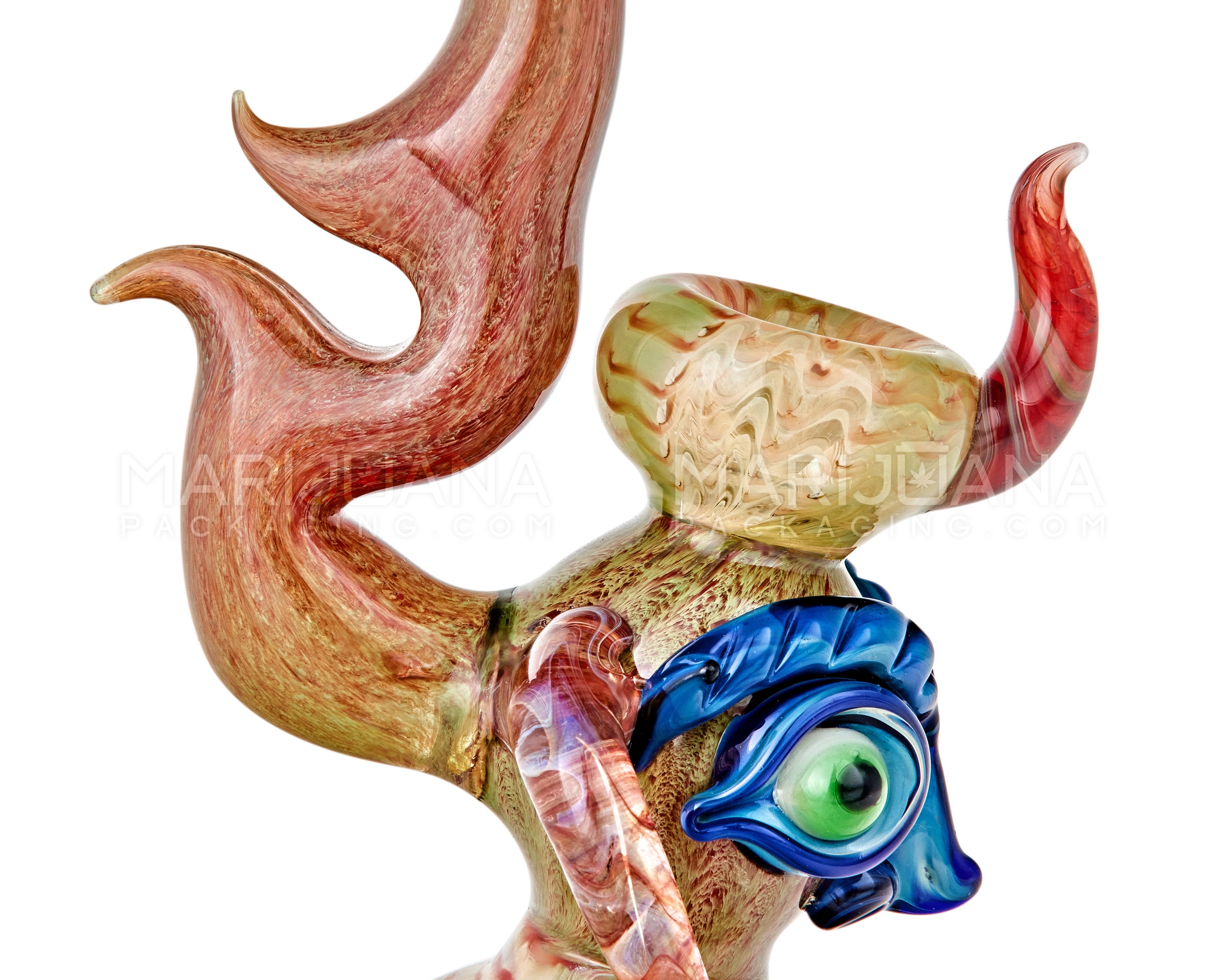Heady | Crescent Moon Neck Raked & Gold Fumed Owl Face Bubbler w/ Triple Horns | 8.5in Tall - Thick Glass - Assorted - 4